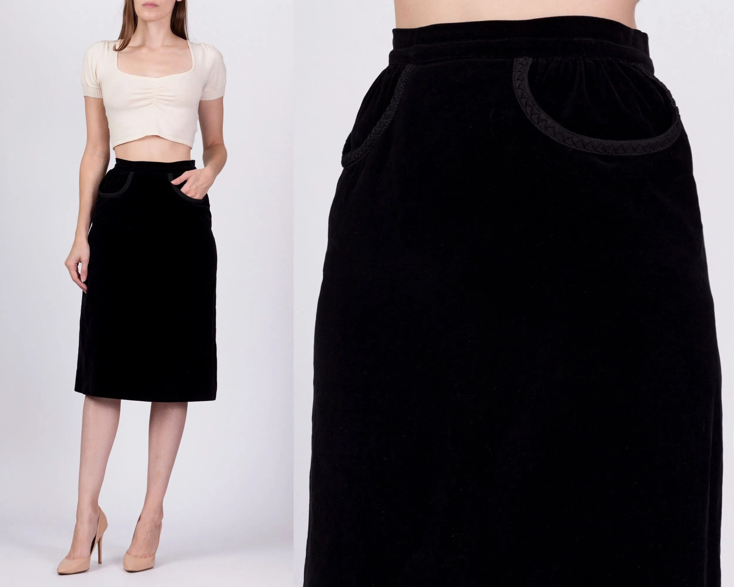 1960s Black Velvet Knee Length Skirt - Extra Small, 25"