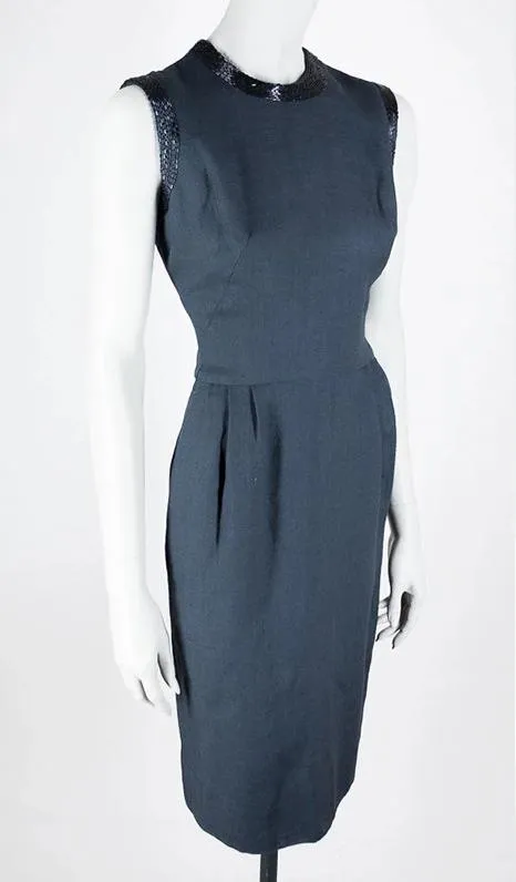 1960s Linen & Silk Beaded Sheath Dress