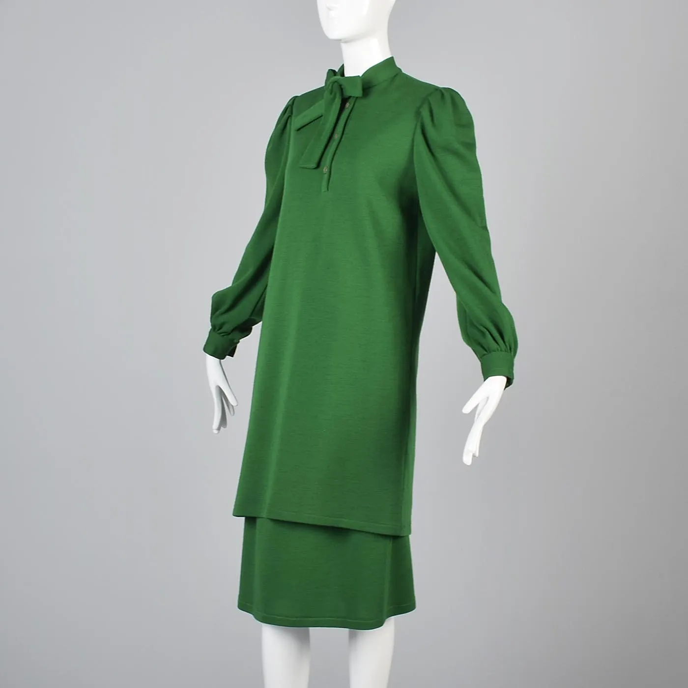 1970s Bill Blass Green Knit Two Piece Separates Set Mini Dress & Skirt