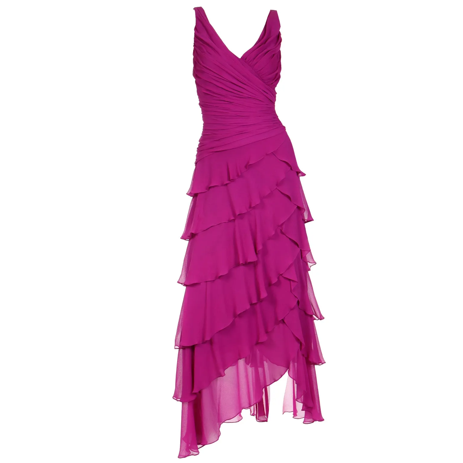 1990s Tadashi Vintage Magenta Purple Silk Ruffled Tiered Dress