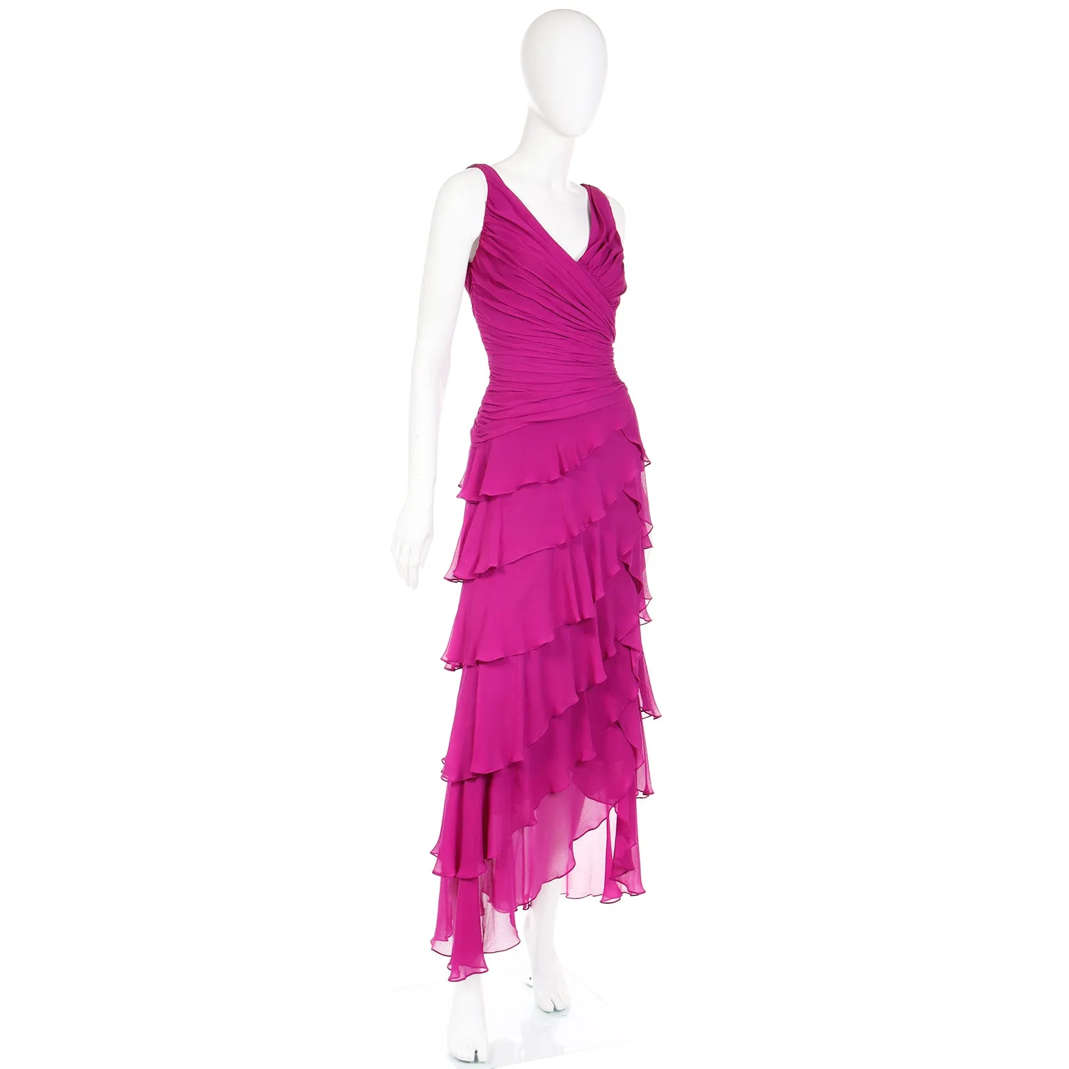 1990s Tadashi Vintage Magenta Purple Silk Ruffled Tiered Dress