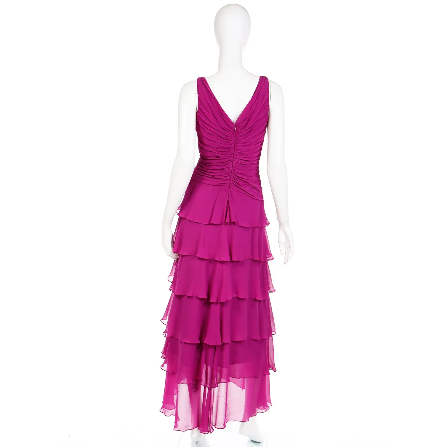 1990s Tadashi Vintage Magenta Purple Silk Ruffled Tiered Dress