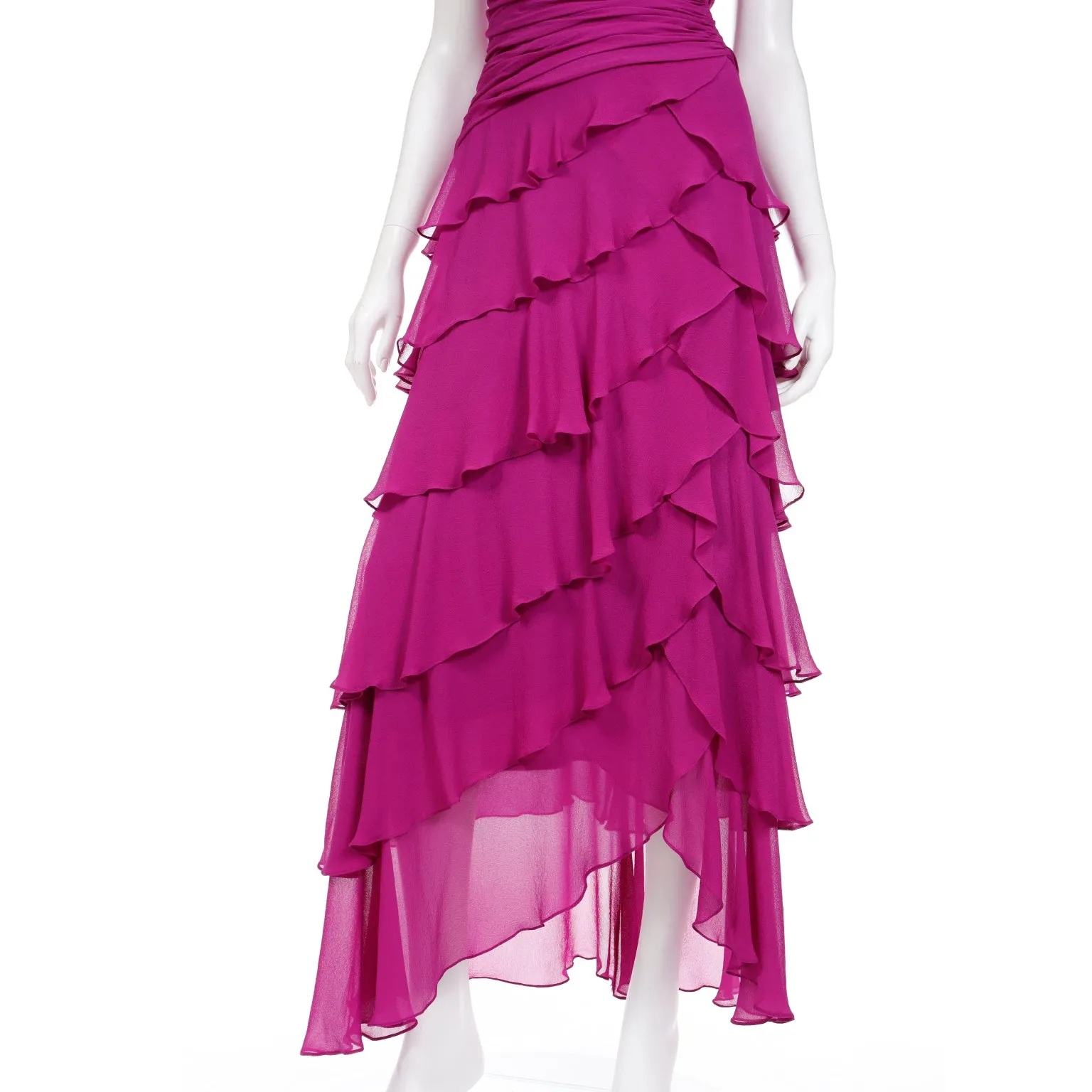 1990s Tadashi Vintage Magenta Purple Silk Ruffled Tiered Dress