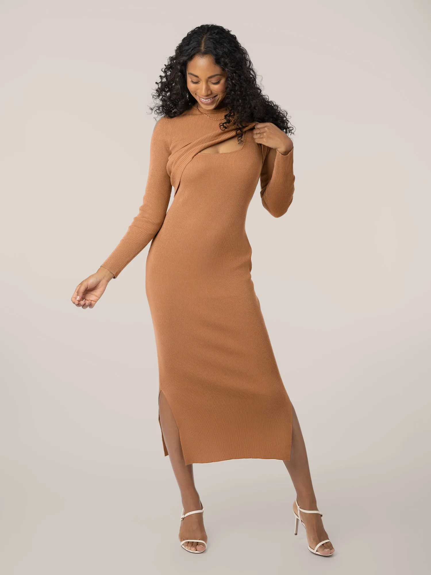 2-in-1 Maternity & Nursing Midi Dress | Camel