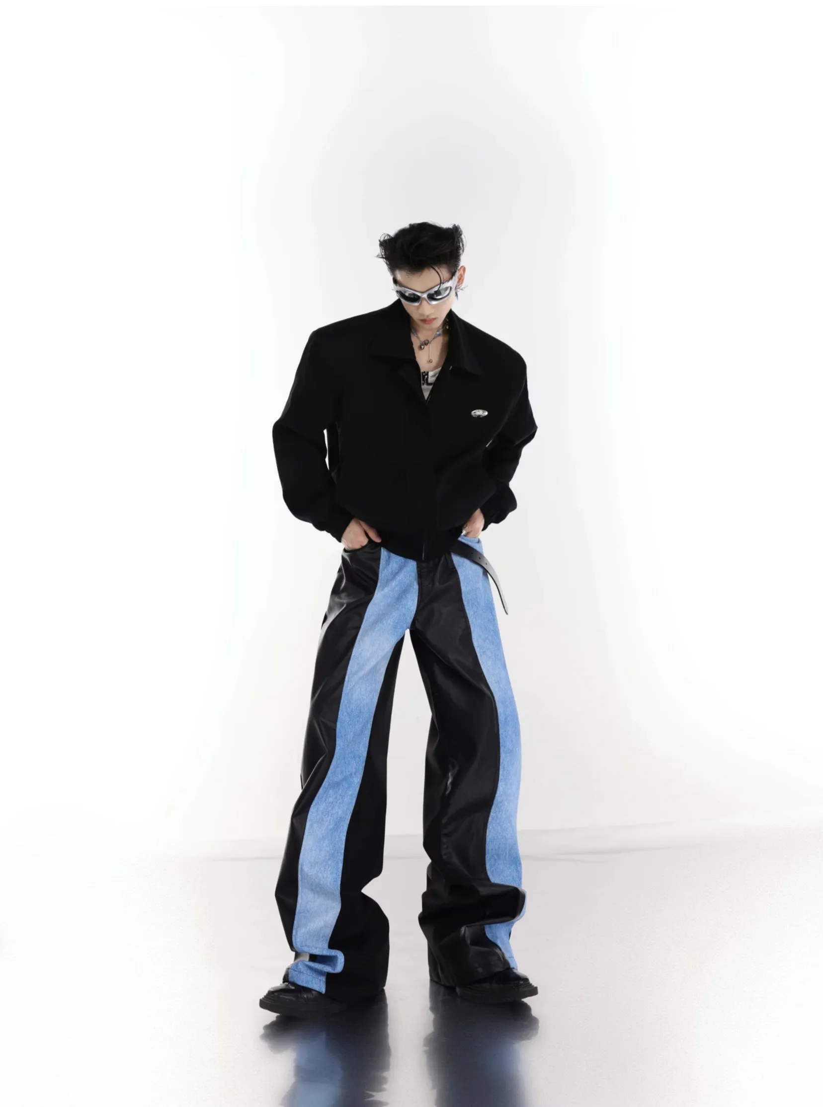 【23s July.】PU Leather Blue Black Trousers