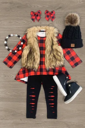 3 Piece Red Buffalo Plaid Distressed Legging & Fur Vest Set