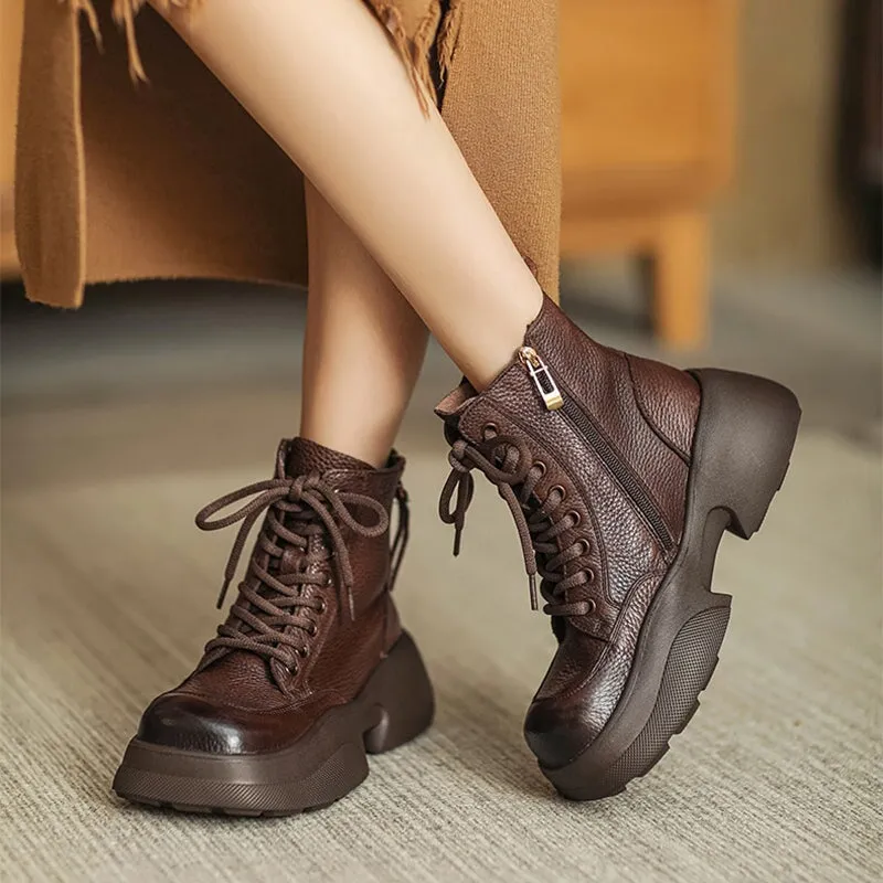 60mm Platform Boots Lace up Leather Martin Boots Handmade Square Toe Combat Boots in Brown/Black