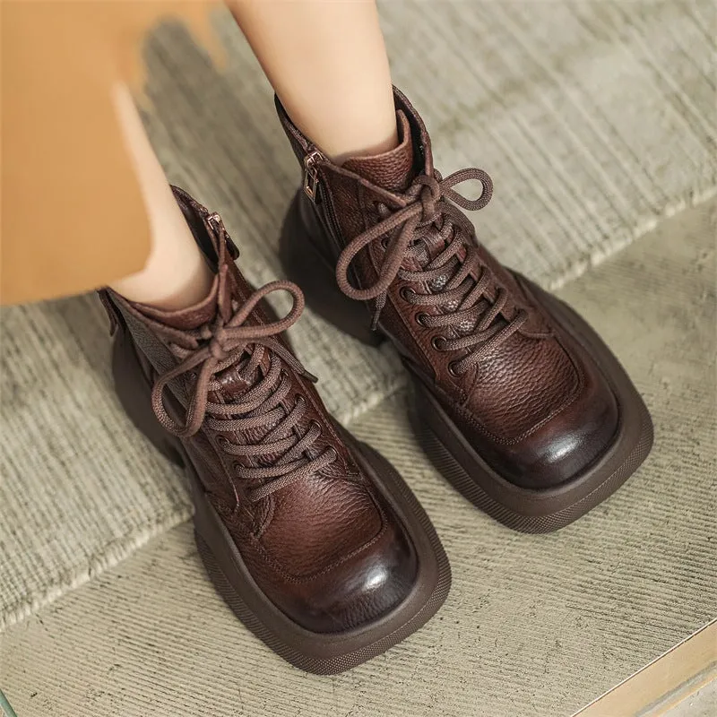 60mm Platform Boots Lace up Leather Martin Boots Handmade Square Toe Combat Boots in Brown/Black