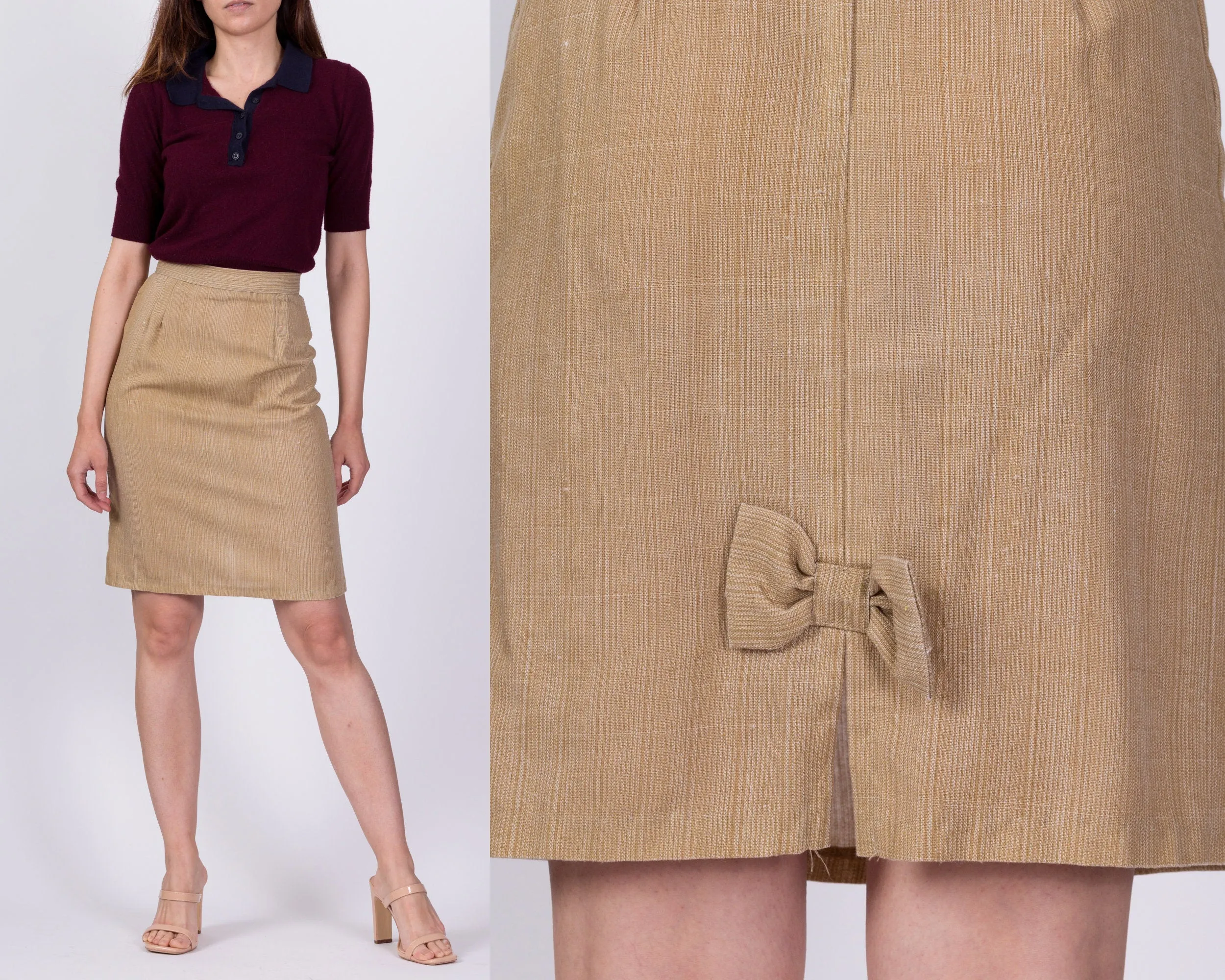 80s Tan Bow Pencil Skirt - Extra Small, 23.5"