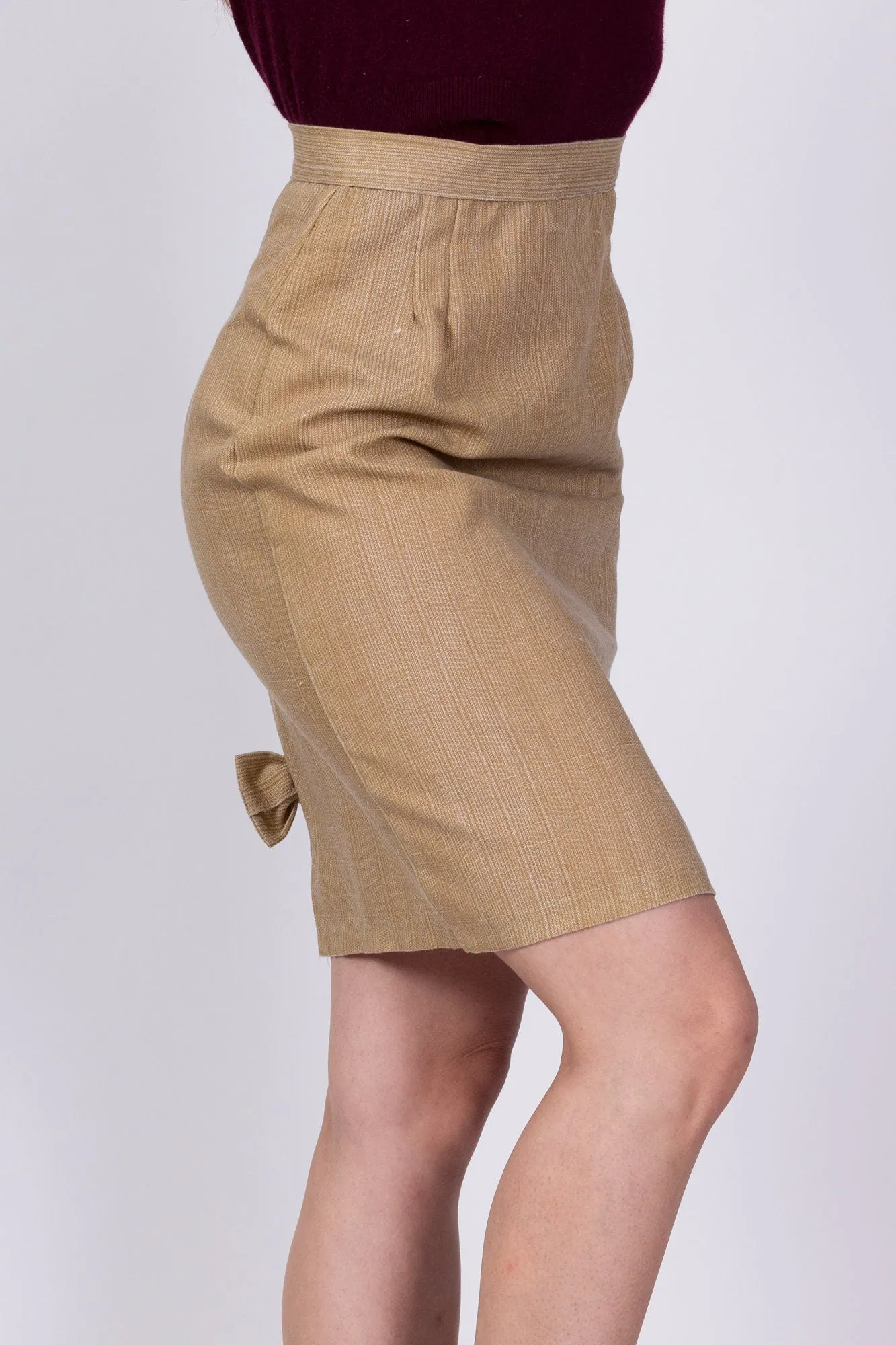 80s Tan Bow Pencil Skirt - Extra Small, 23.5"