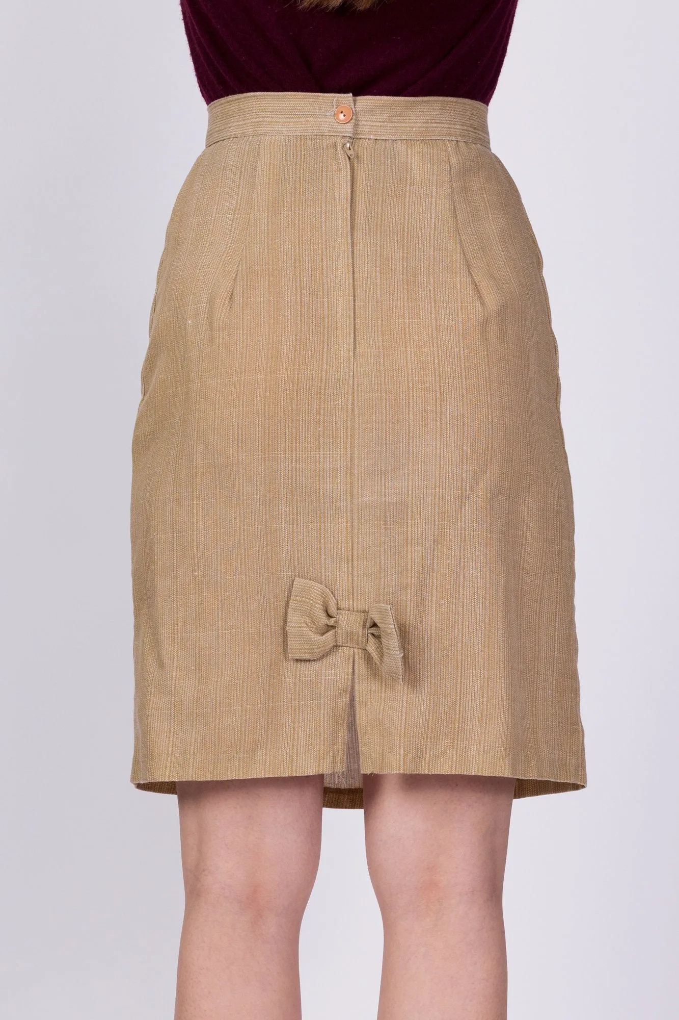 80s Tan Bow Pencil Skirt - Extra Small, 23.5"