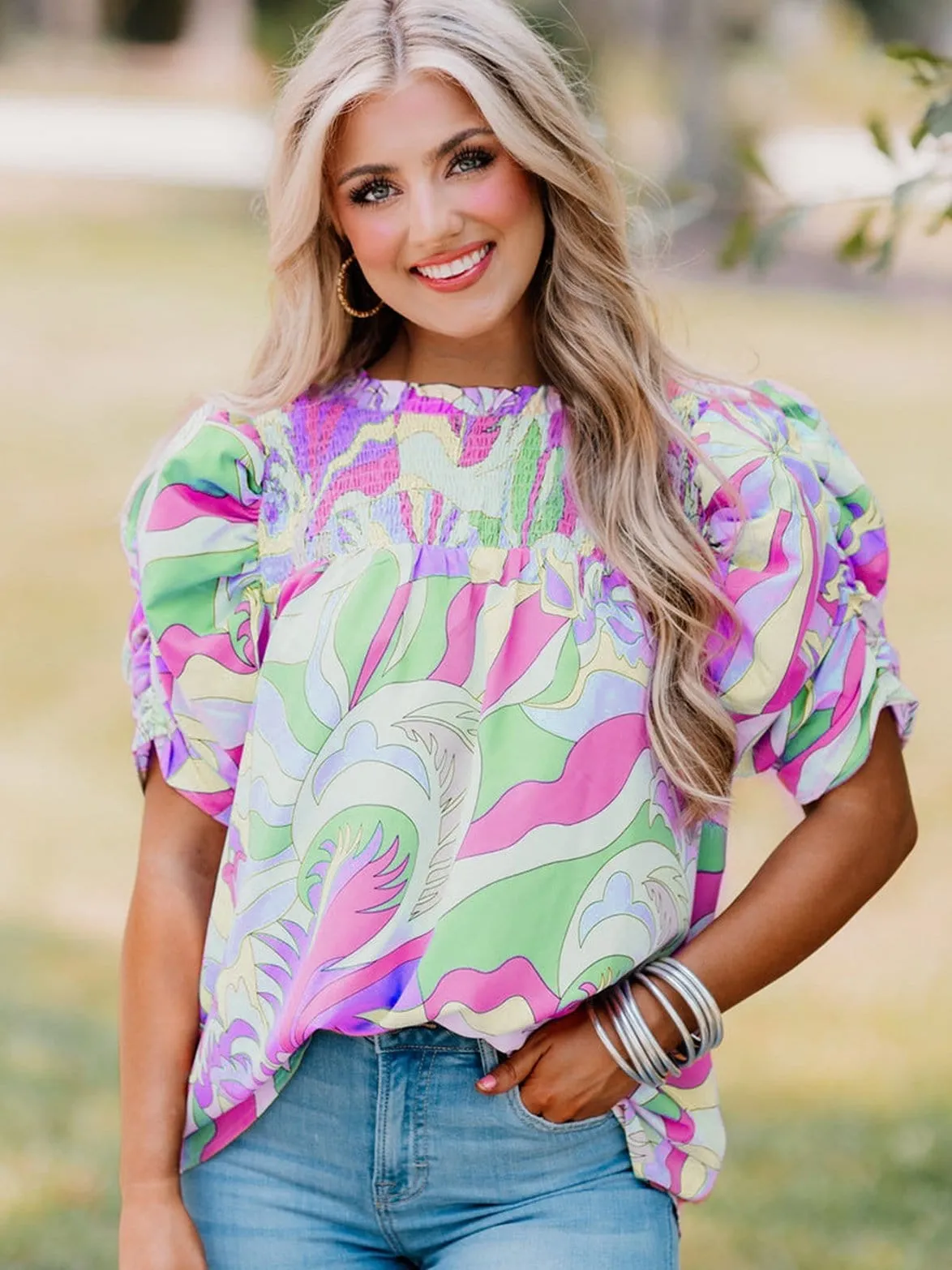 Abstract Green Bubble Sleeve Smocked Blouse with Unique Print