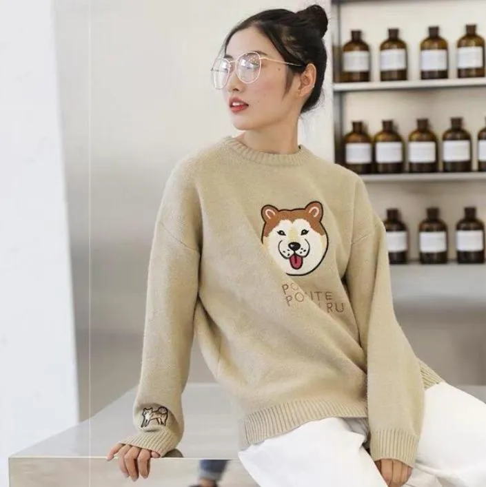 Akita Shiba Inu Dog Embroidery O-Neck Knitted Sweater