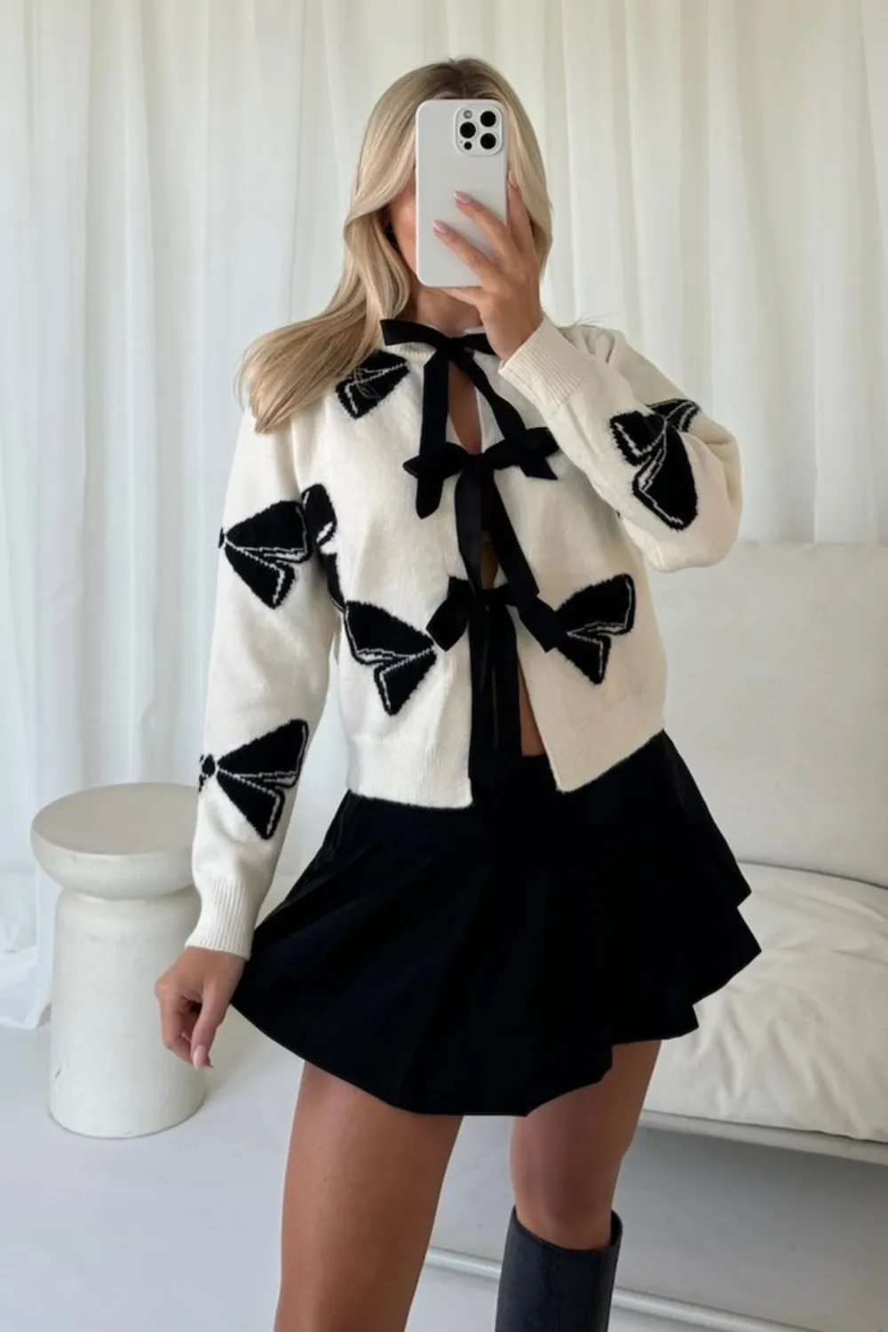 Alice white bow tie front knitted cardigan