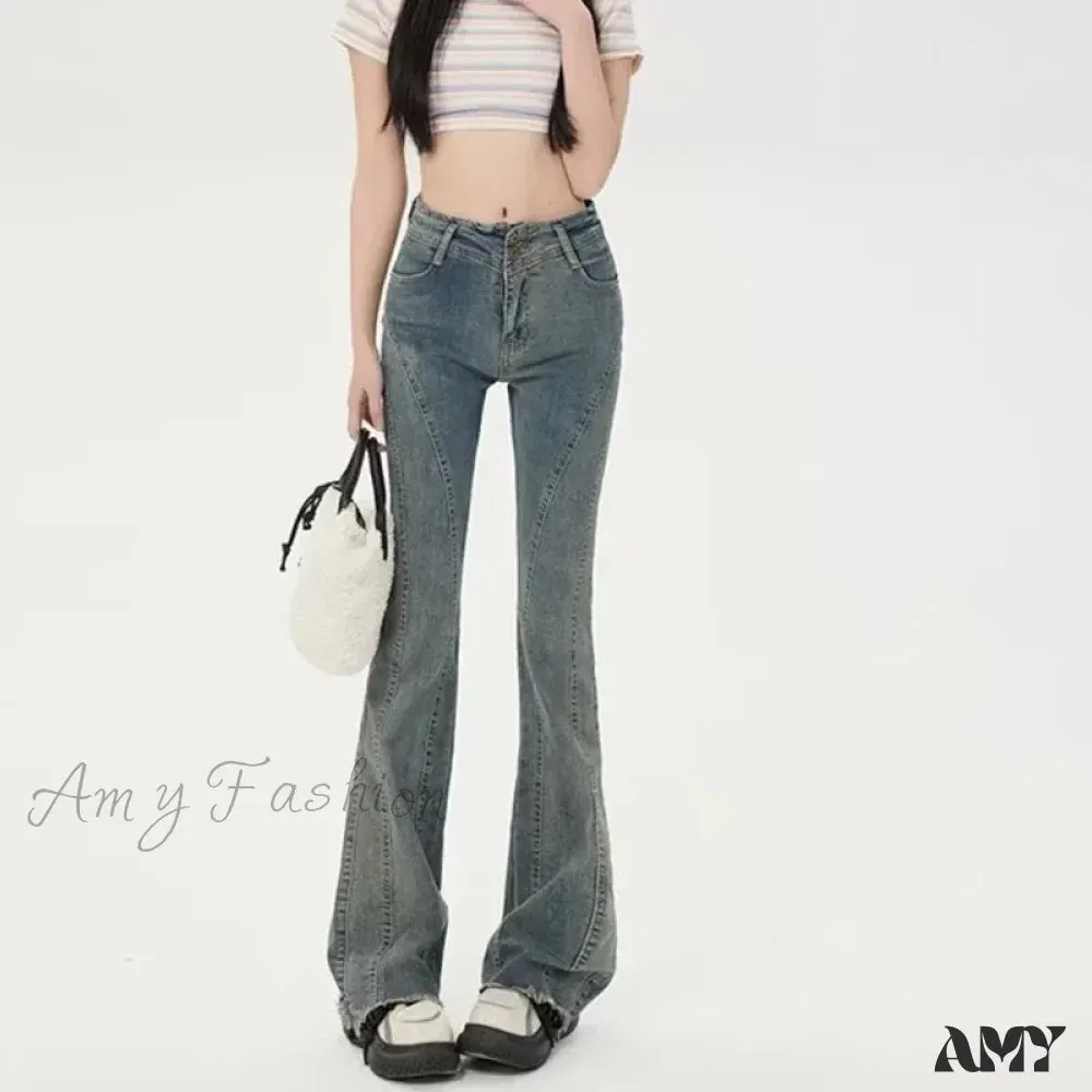 Amy Fashion - Small American Retro Micro Flared High Waisted Slim Versatile Floor Mop Jean