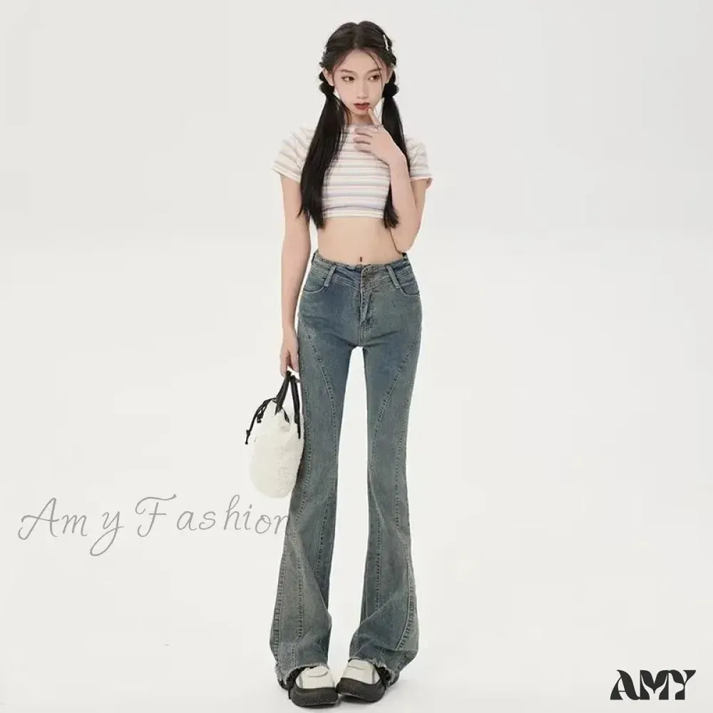 Amy Fashion - Small American Retro Micro Flared High Waisted Slim Versatile Floor Mop Jean