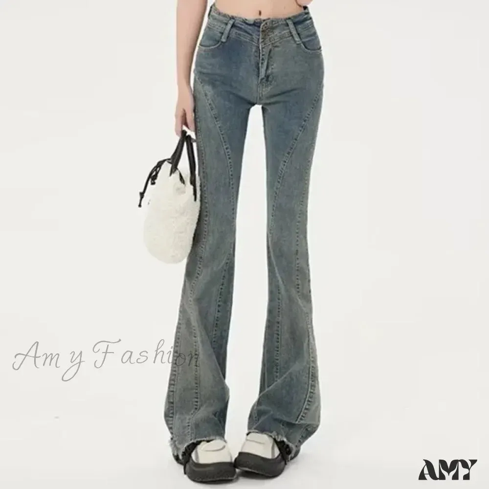 Amy Fashion - Small American Retro Micro Flared High Waisted Slim Versatile Floor Mop Jean