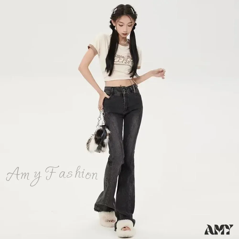 Amy Fashion - Small American Retro Micro Flared High Waisted Slim Versatile Floor Mop Jean