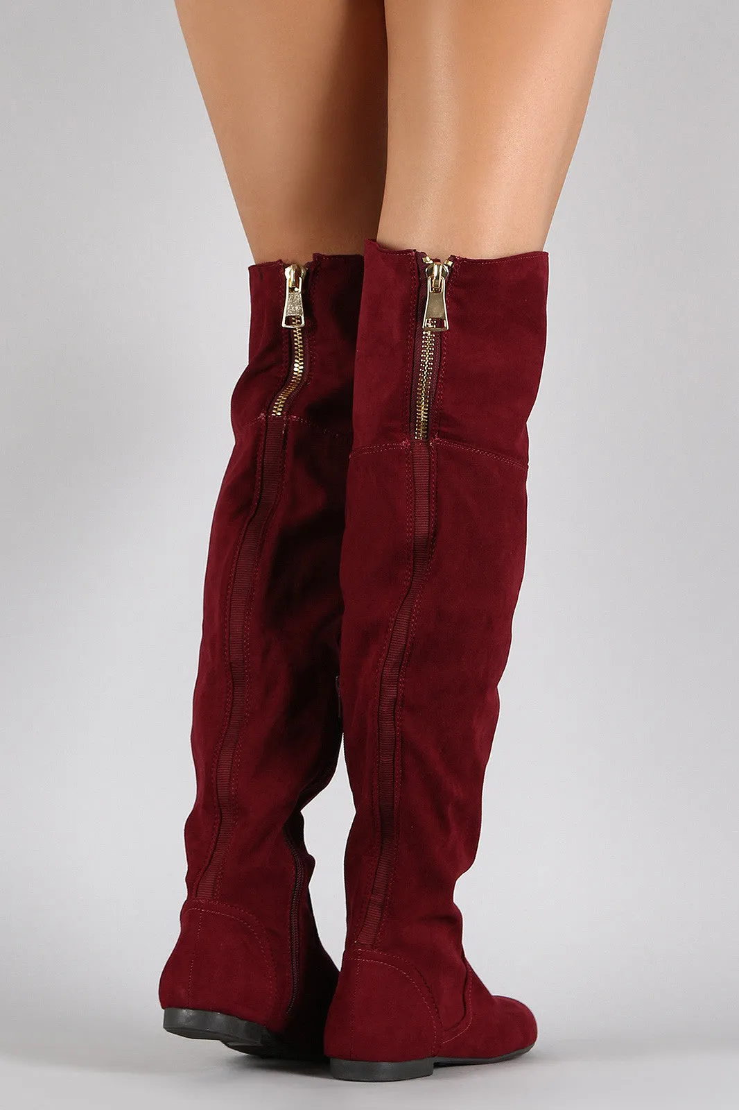 Bamboo Faux Suede Zipper Collar Knee High Boot