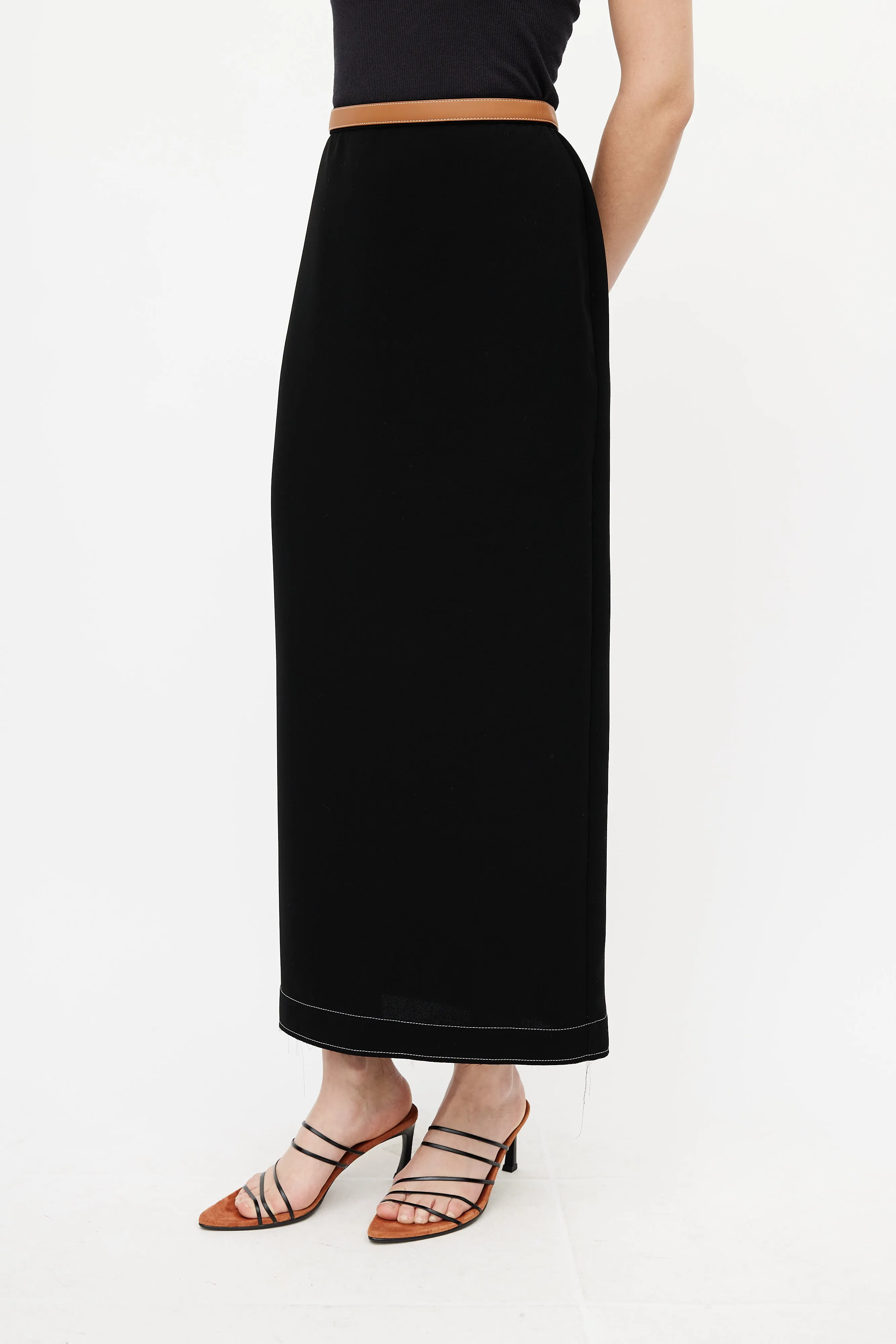 Black & Brown Leather Trim Maxi Skirt