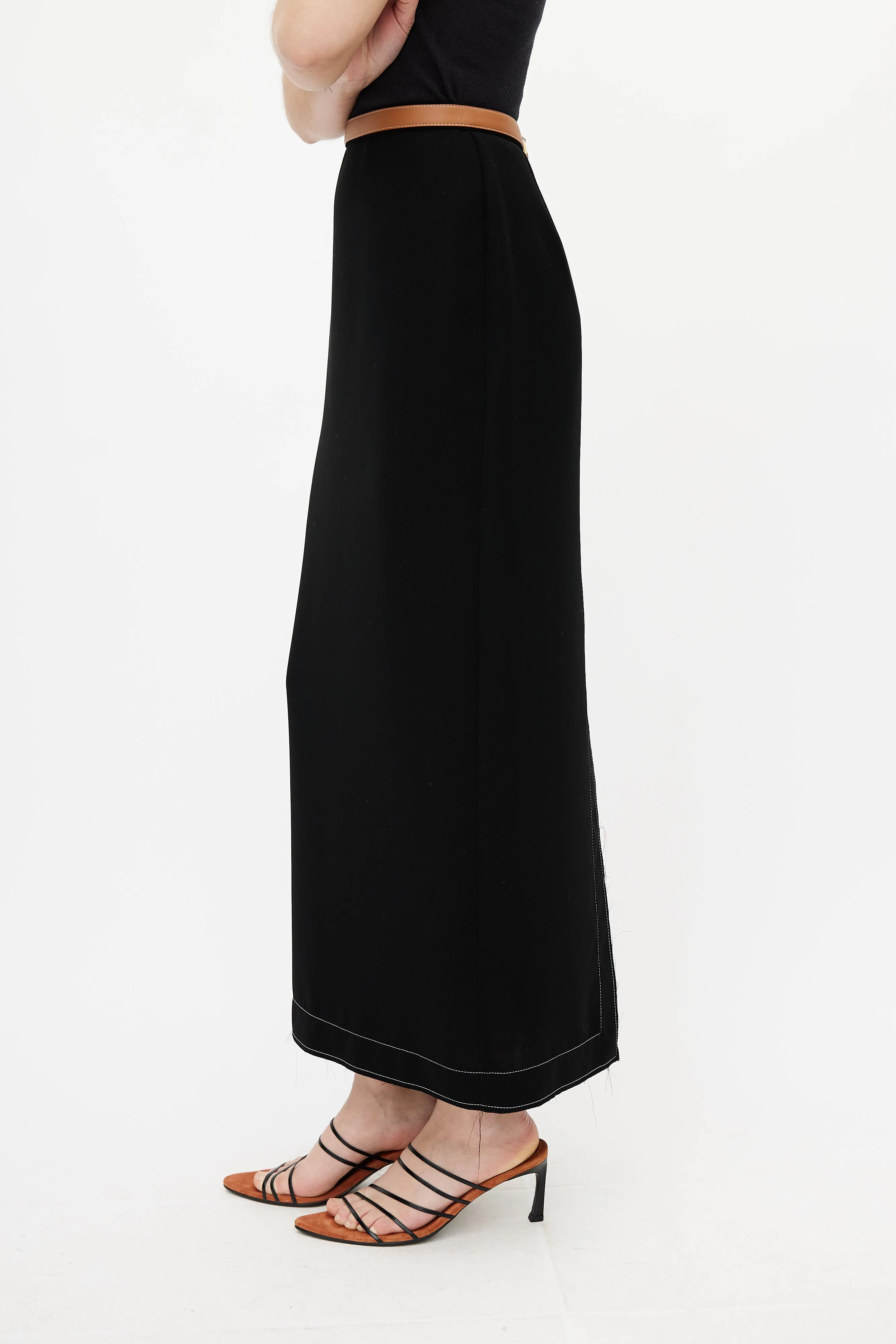 Black & Brown Leather Trim Maxi Skirt