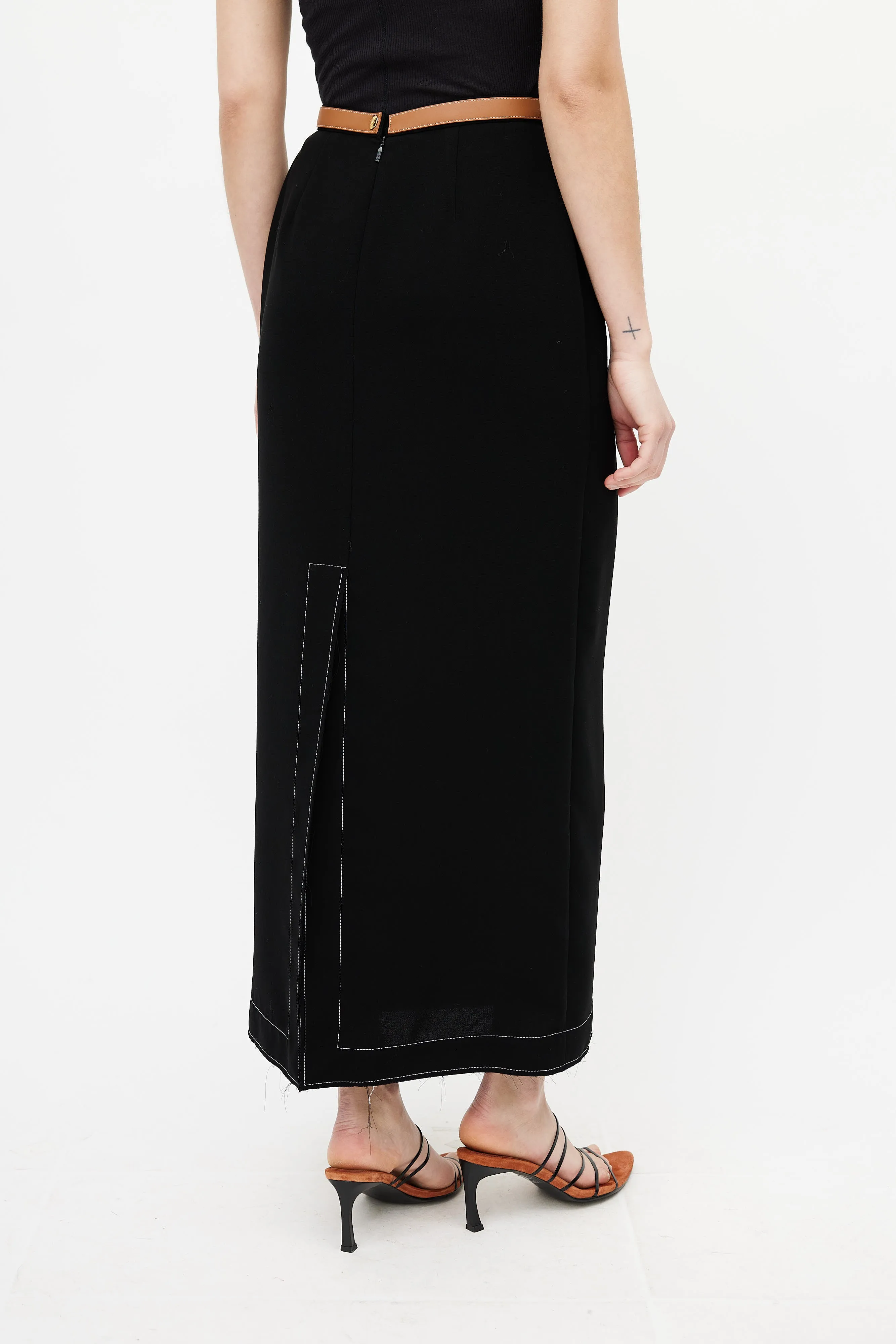 Black & Brown Leather Trim Maxi Skirt