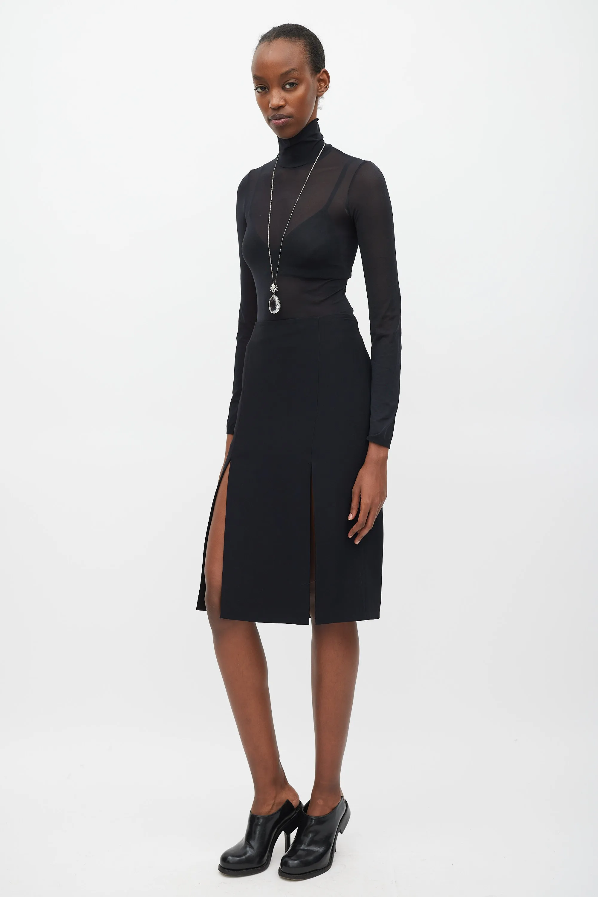 Black Double Slit Pencil Skirt