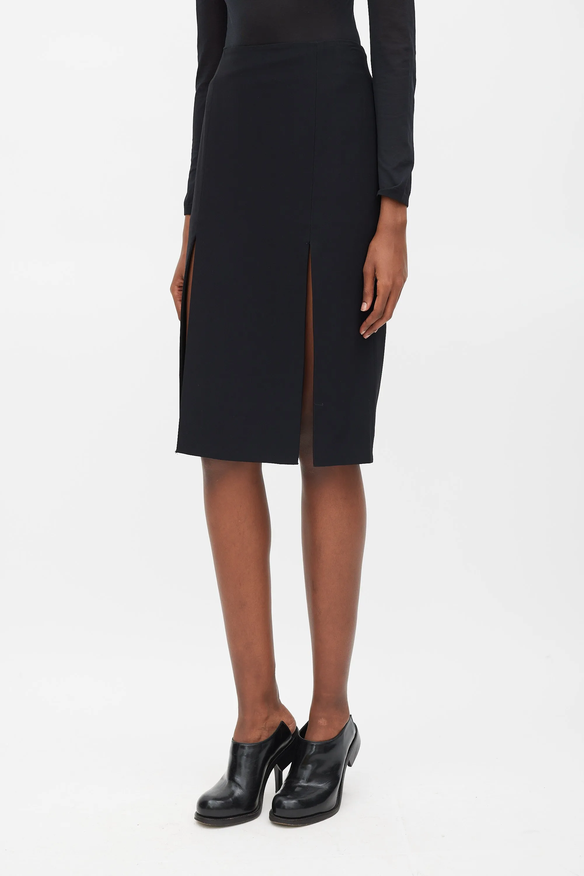 Black Double Slit Pencil Skirt