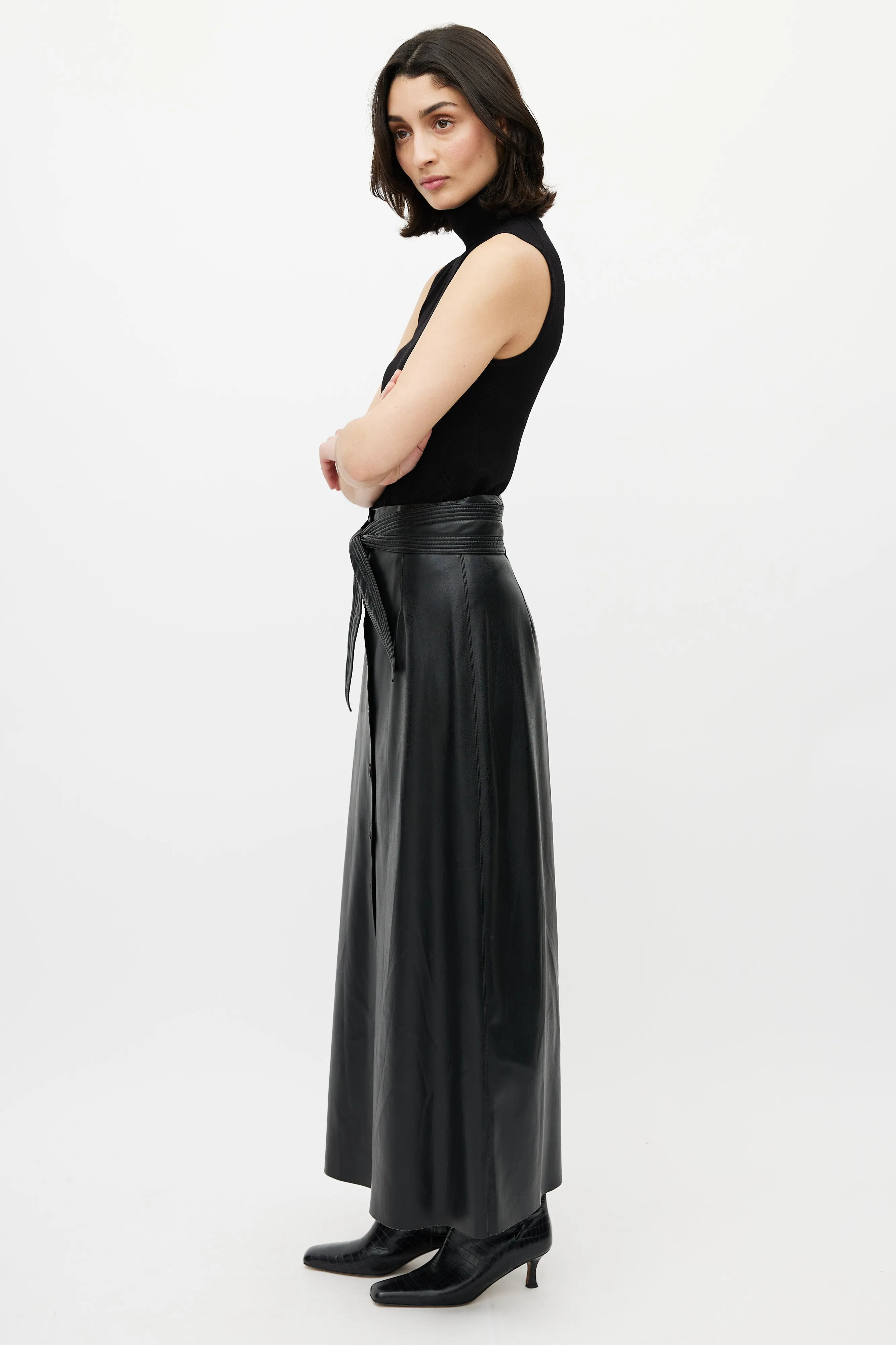 Black Leather Button Maxi Skirt