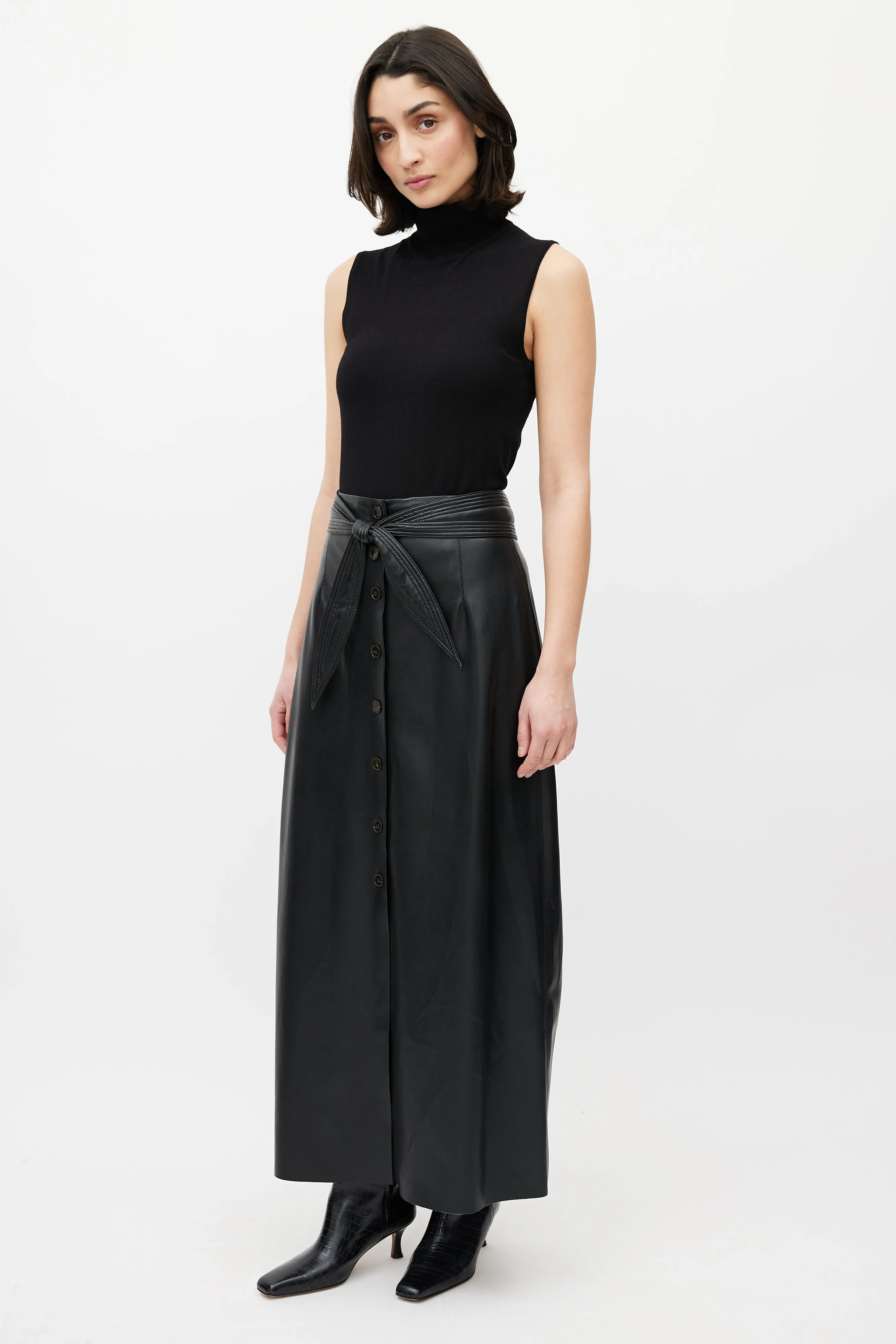 Black Leather Button Maxi Skirt