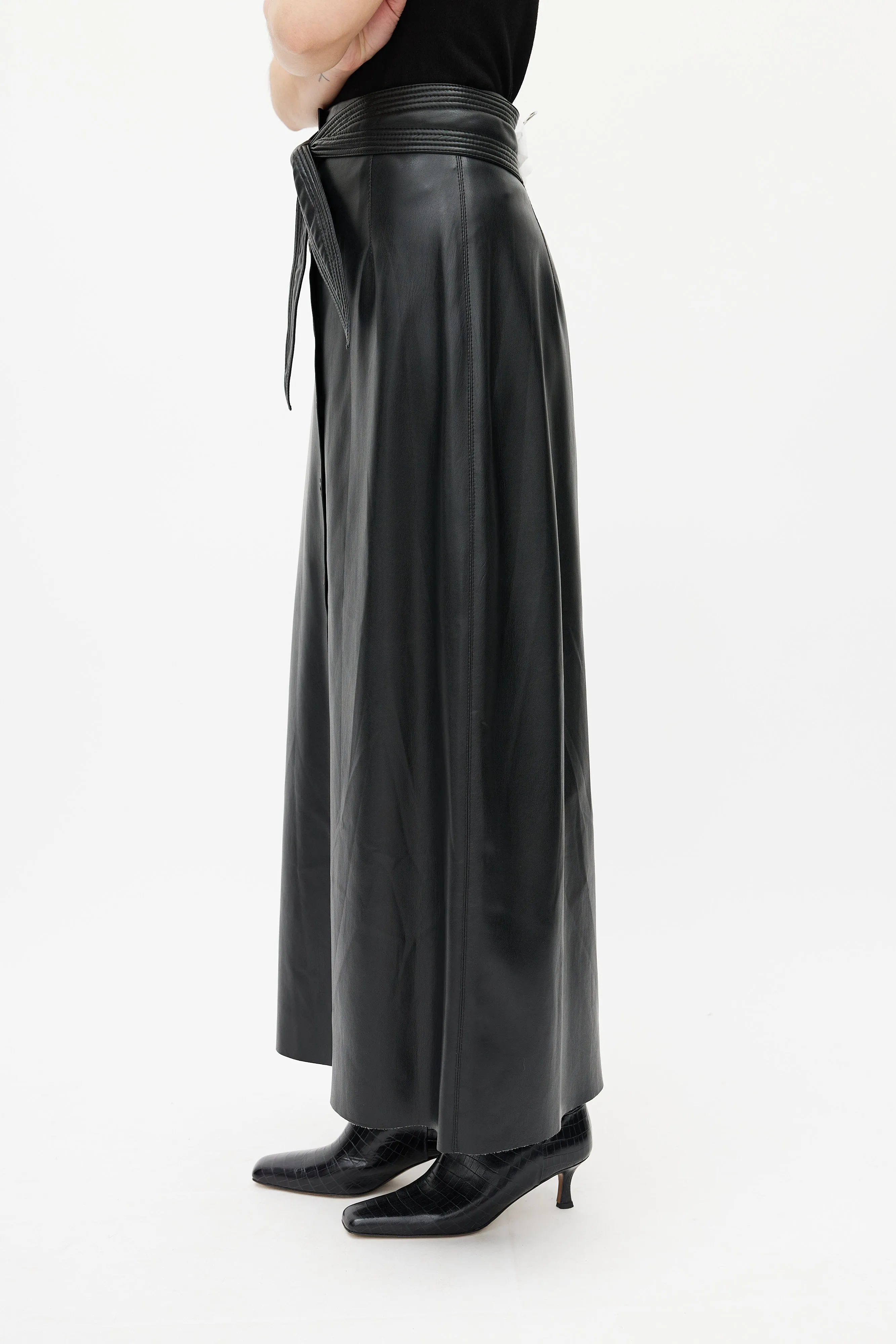 Black Leather Button Maxi Skirt