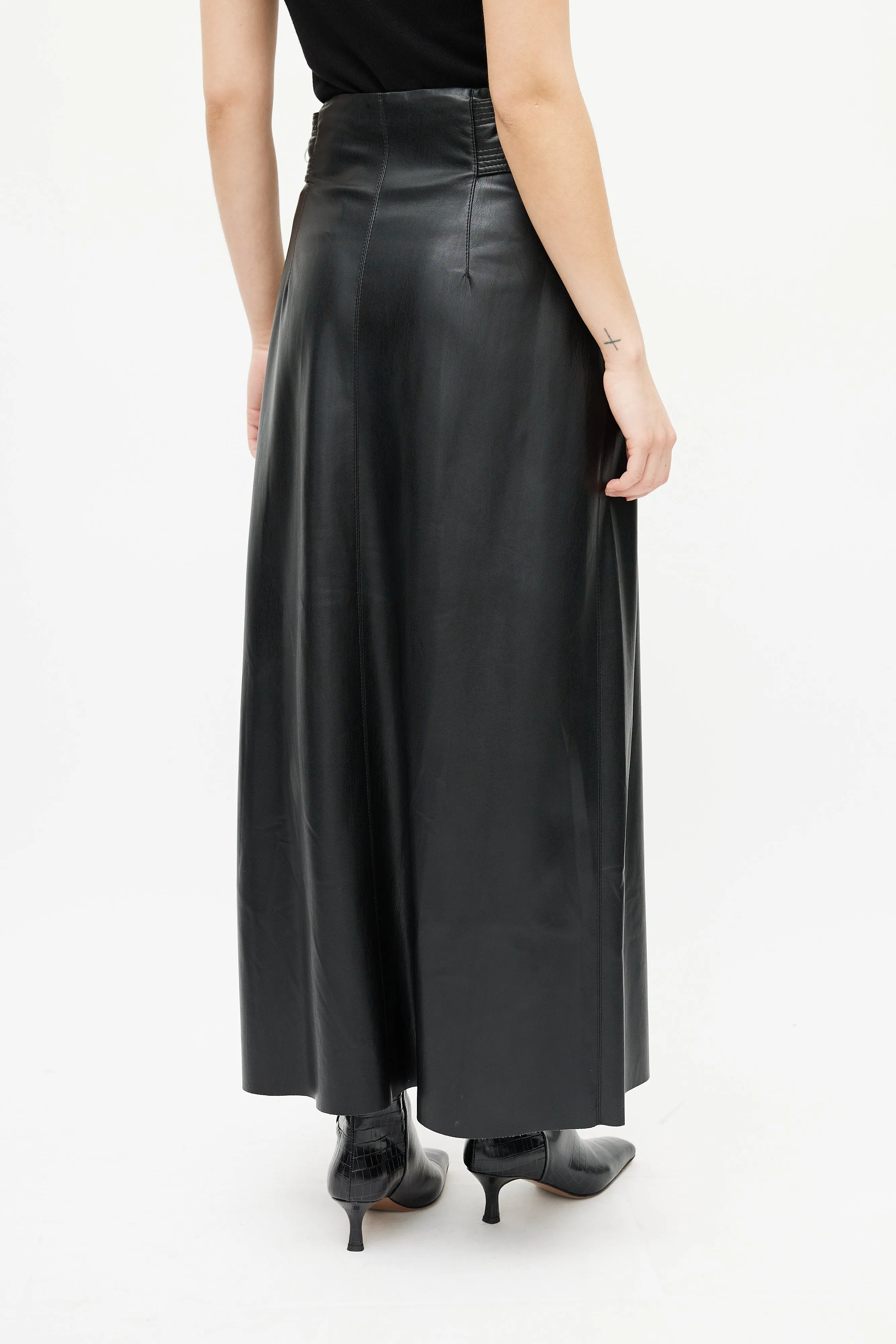 Black Leather Button Maxi Skirt