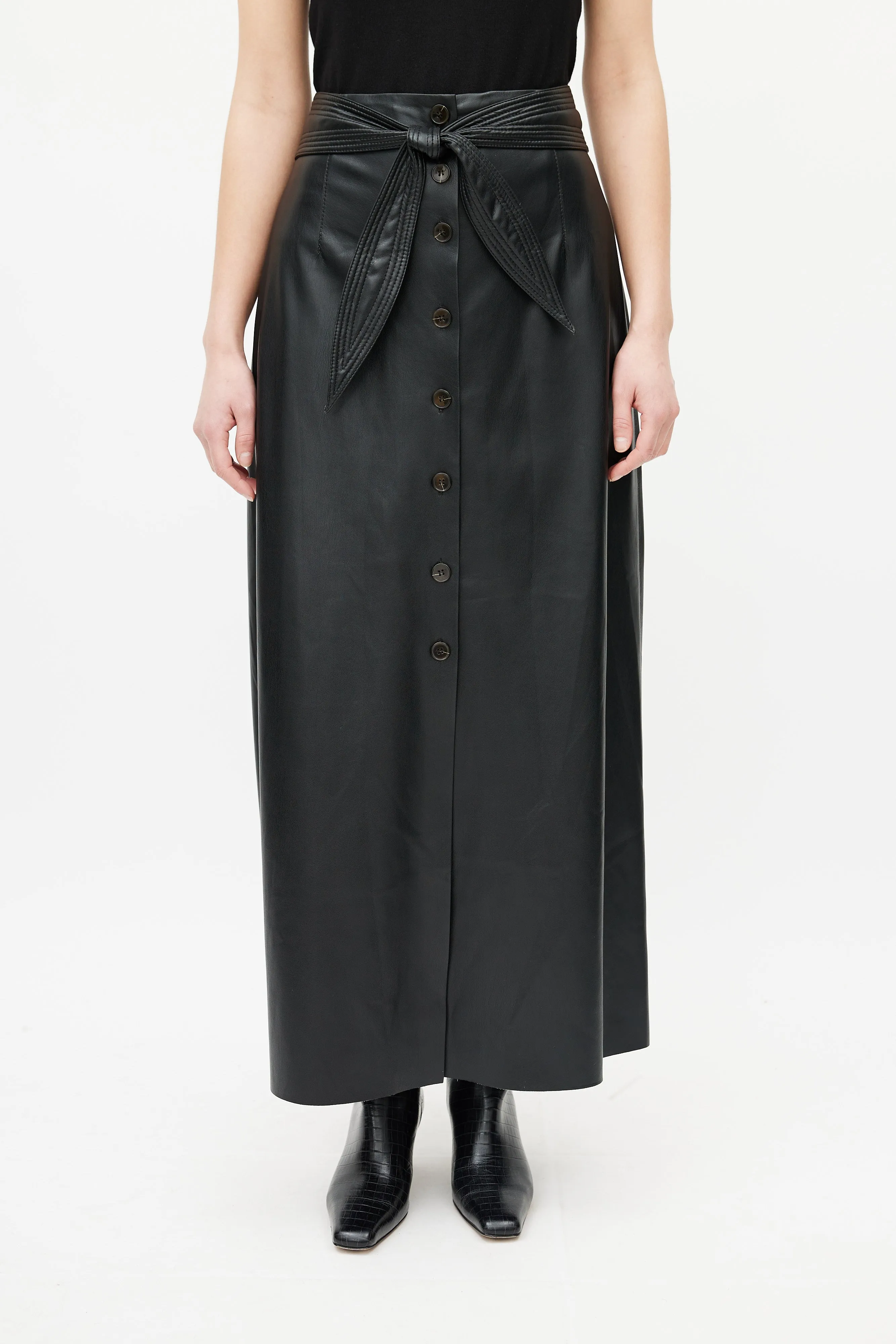 Black Leather Button Maxi Skirt