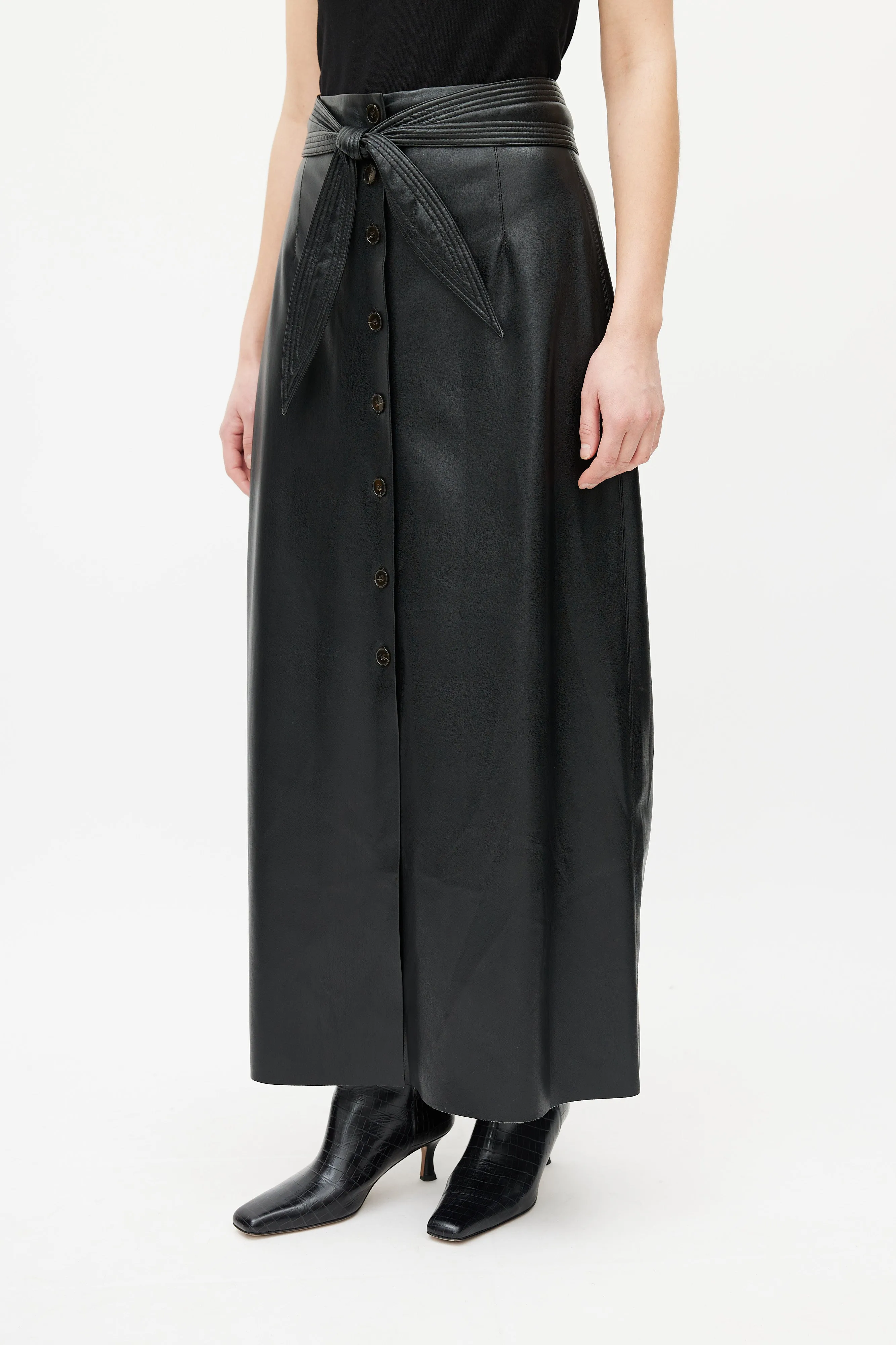 Black Leather Button Maxi Skirt