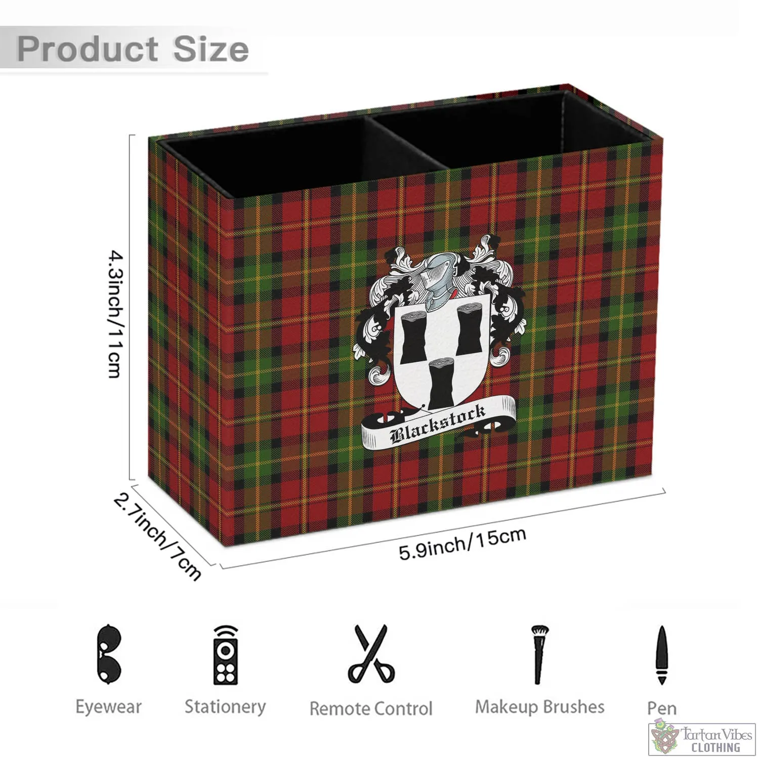 Blackstock Red Dress Tartan Pen Holder with Family Crest