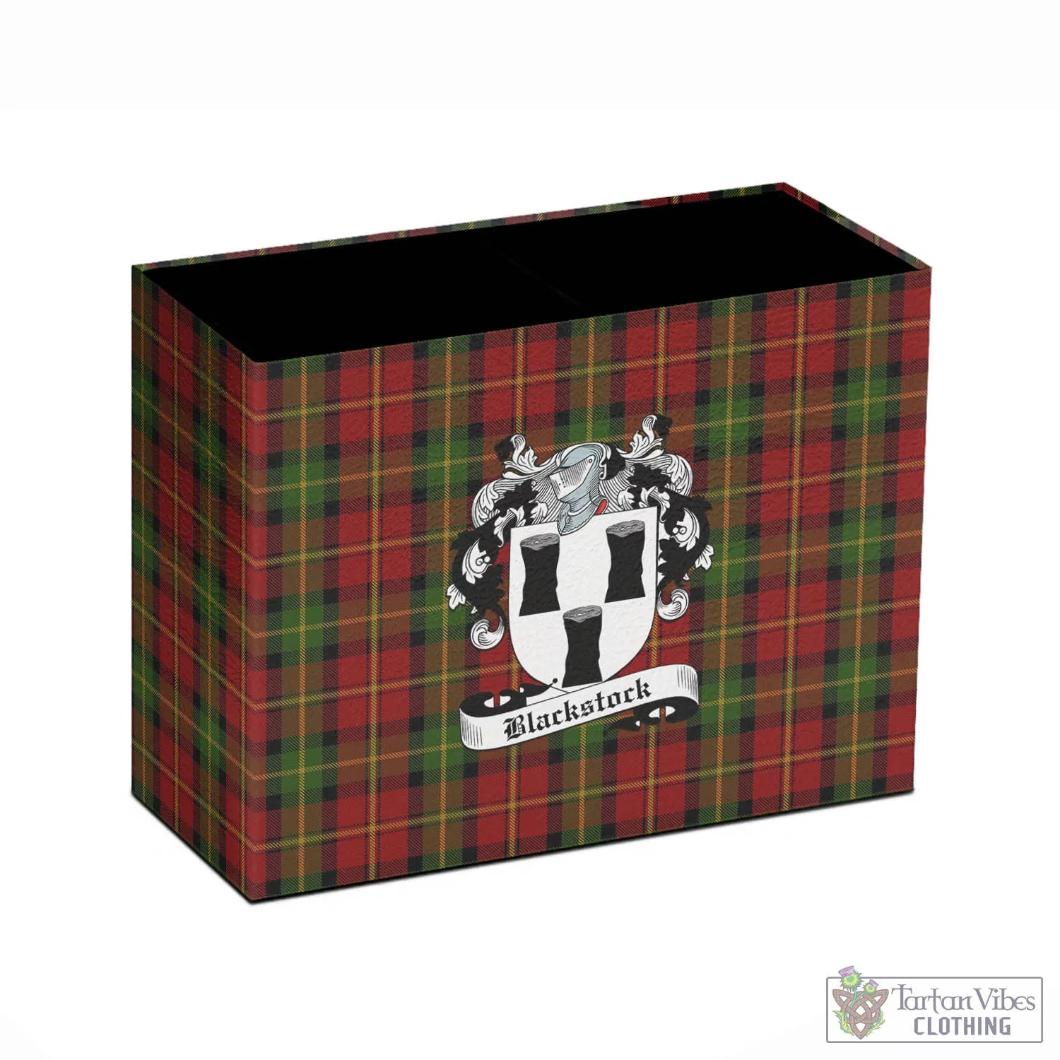 Blackstock Red Dress Tartan Pen Holder with Family Crest