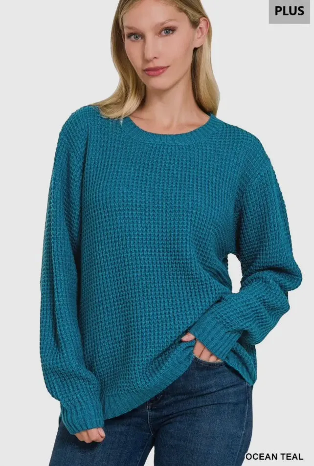 Blouse - Hi Low Long Sleeve Round Neck Waffle Sweater, Ocean Teal, Plus Size