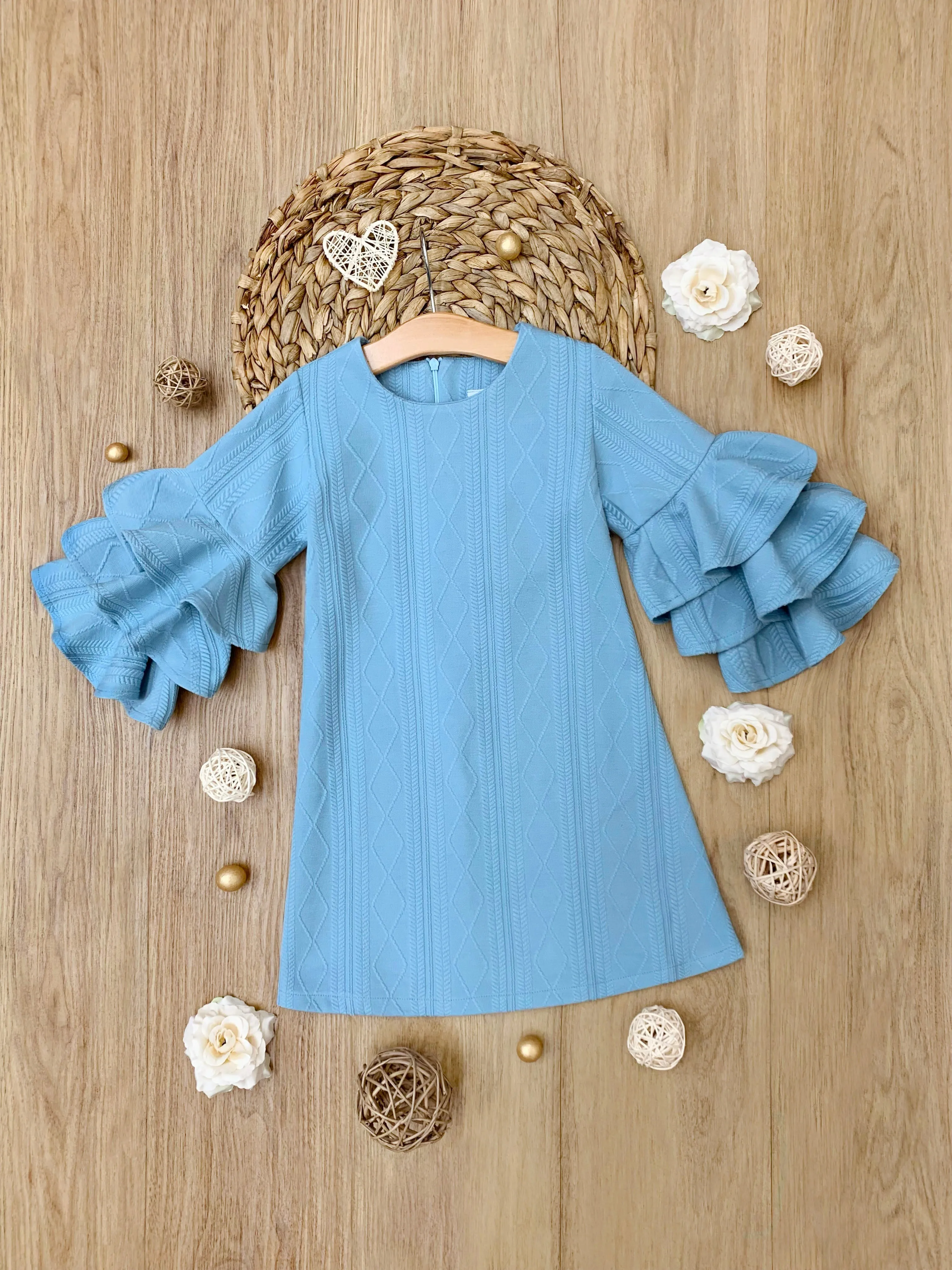 Blue Cable Knit Tiered Sleeve Sweater Dress