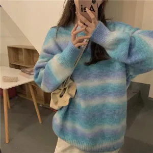 Blue Pink Pastel Gradient Stripes Knit Loose Sweater