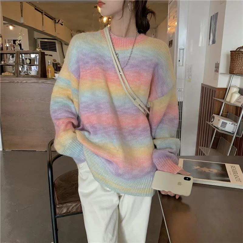 Blue Pink Pastel Gradient Stripes Knit Loose Sweater