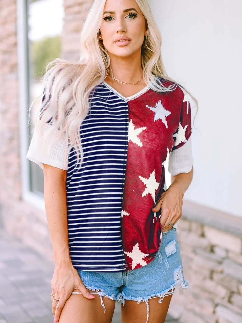 Blue Starry Stripes Knit Top with Short Sleeves