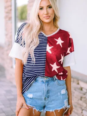 Blue Starry Stripes Knit Top with Short Sleeves