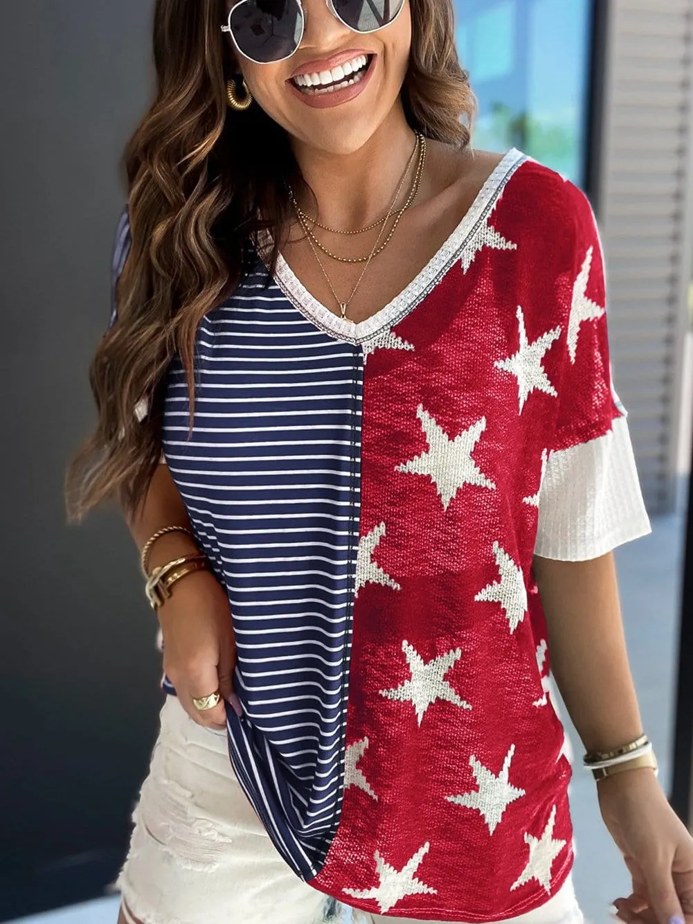 Blue Starry Stripes Knit Top with Short Sleeves