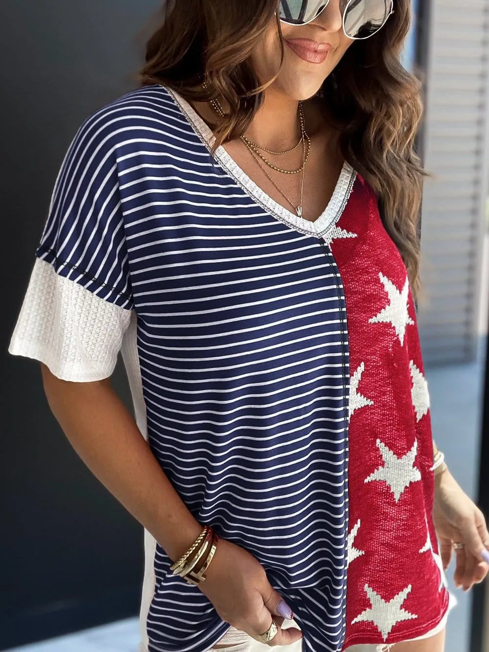 Blue Starry Stripes Knit Top with Short Sleeves