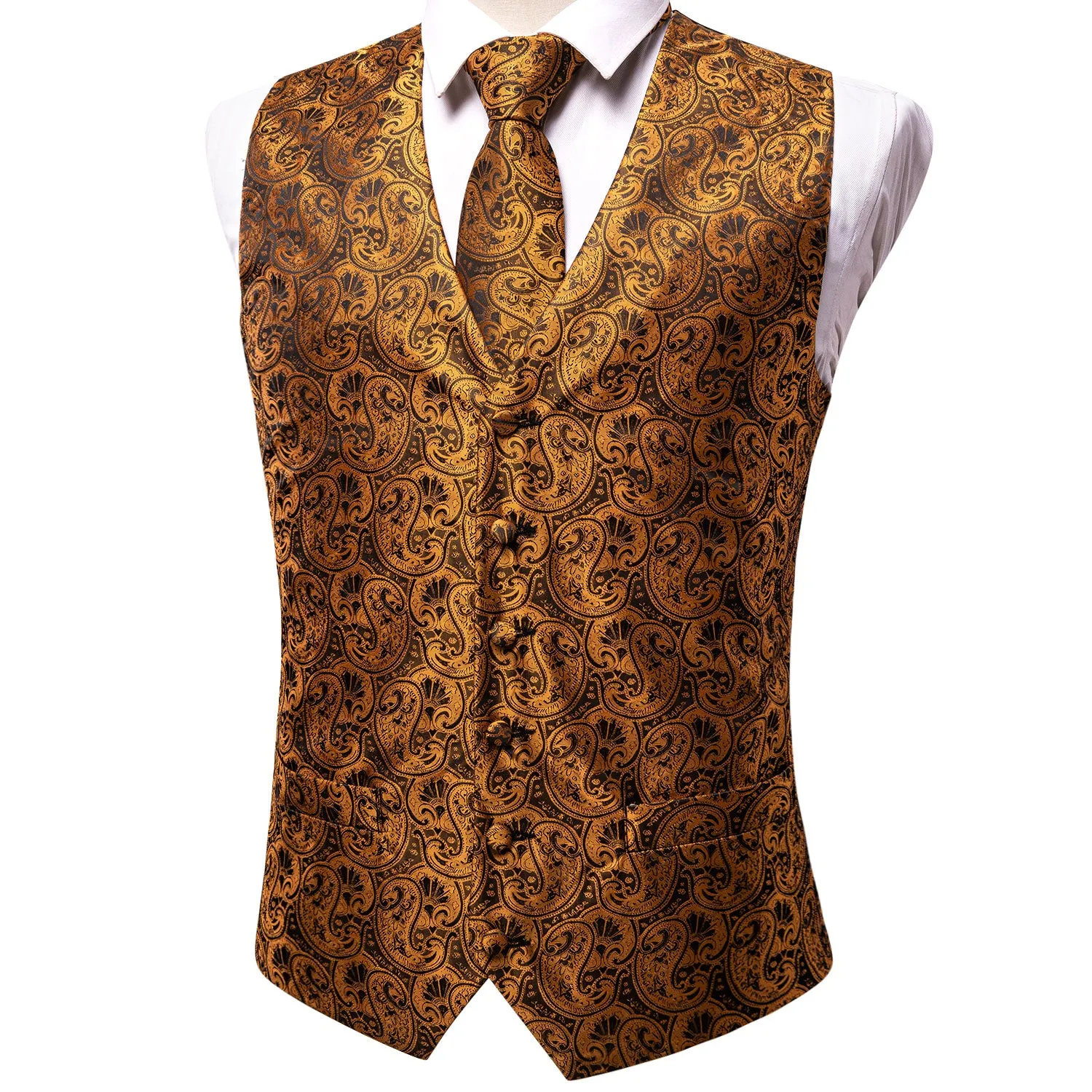 Brown Paisley Silk Men's Vest Hanky Cufflinks Tie Set Waistcoat Suit Set