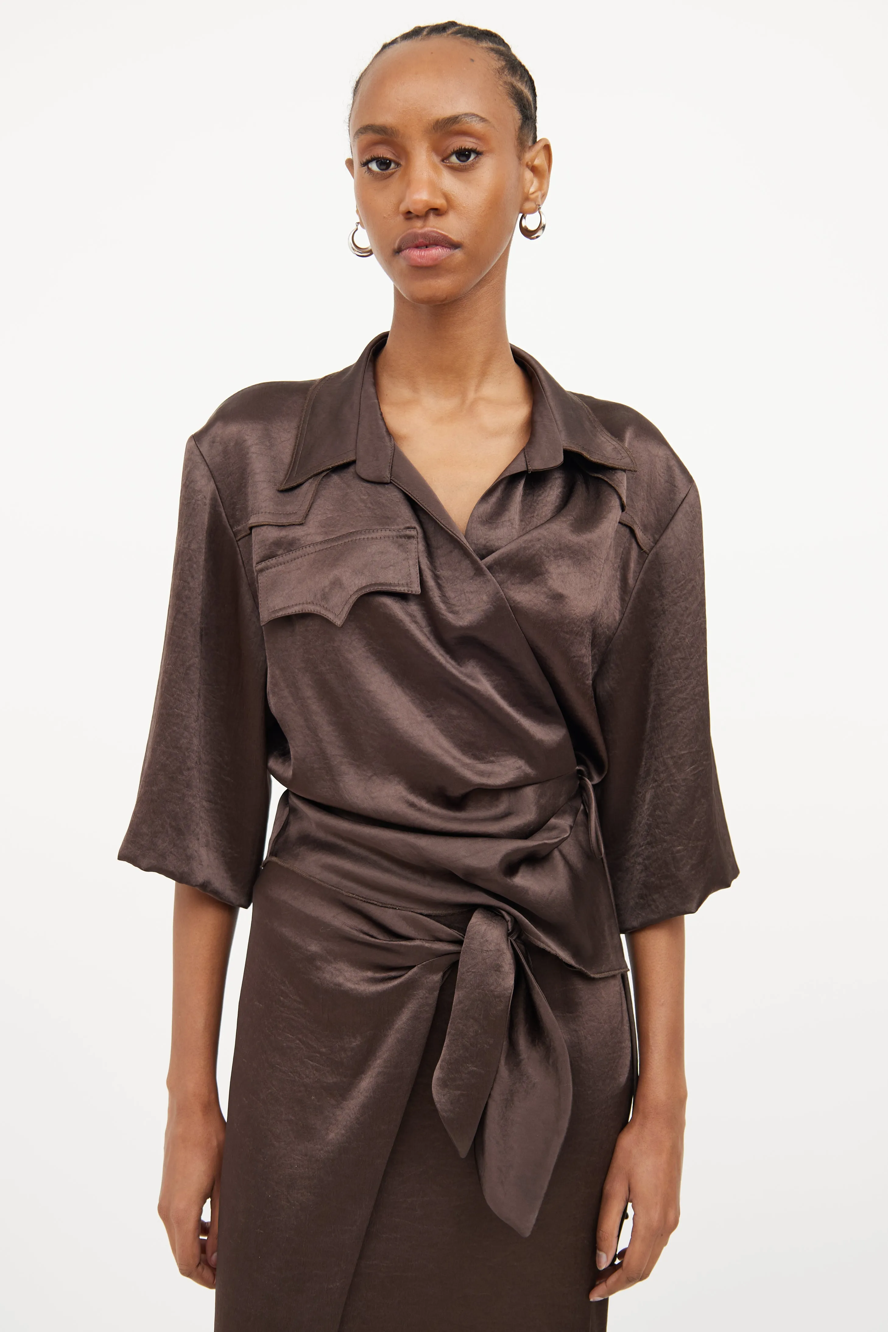 Brown Satin Wrap Skirt Set