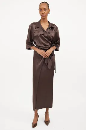 Brown Satin Wrap Skirt Set