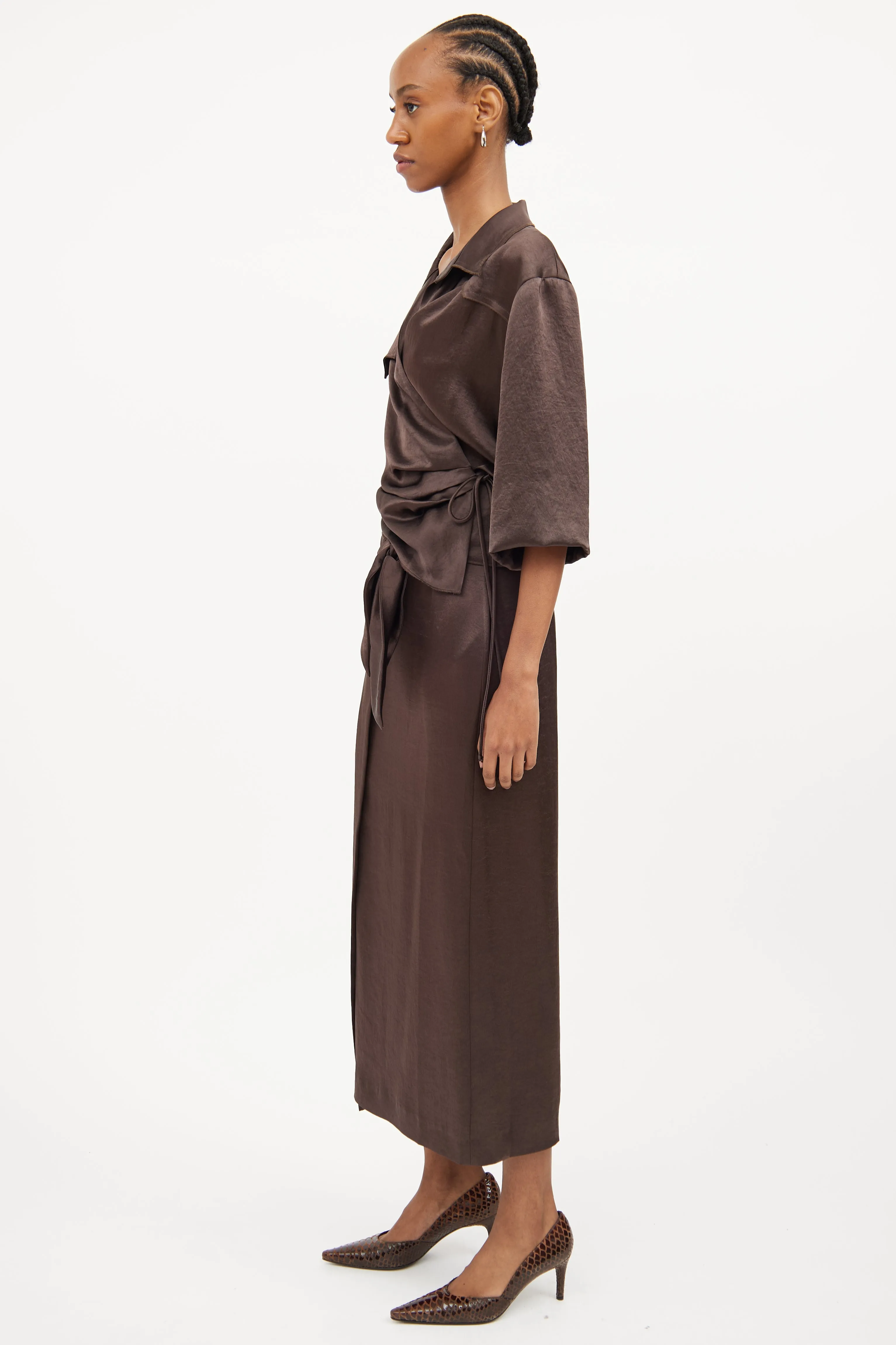 Brown Satin Wrap Skirt Set