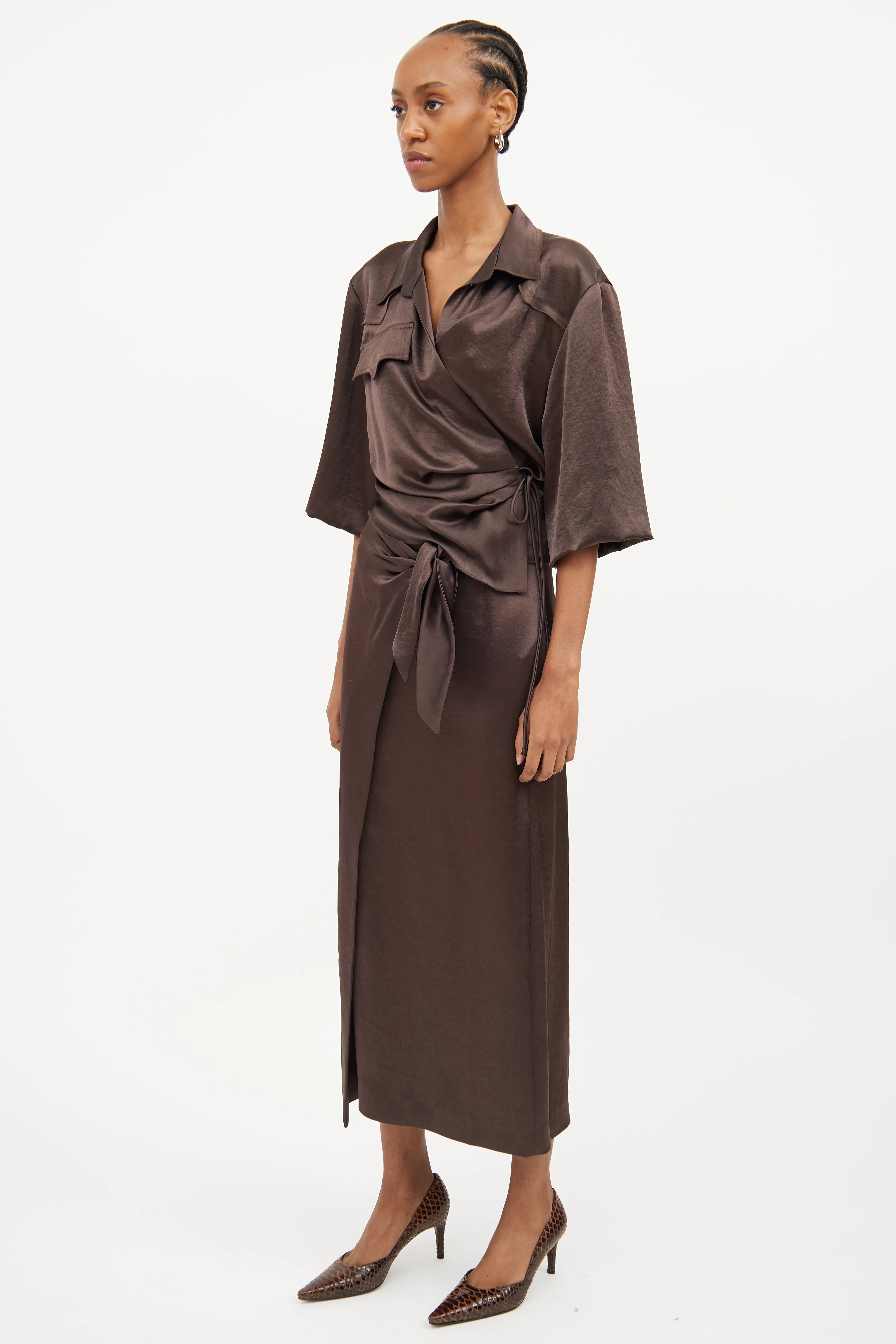 Brown Satin Wrap Skirt Set