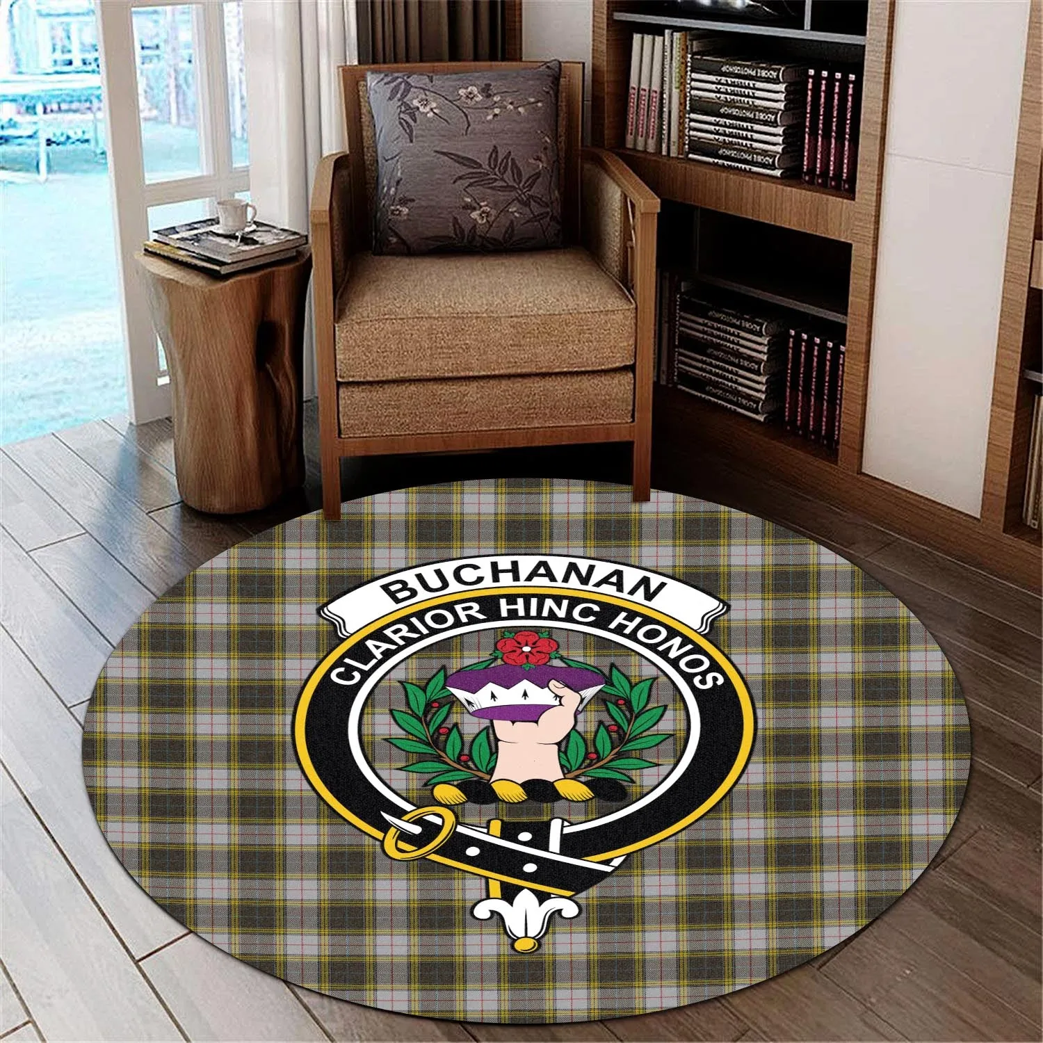 Buchanan Dress Tartan Round Rug with Family Crest